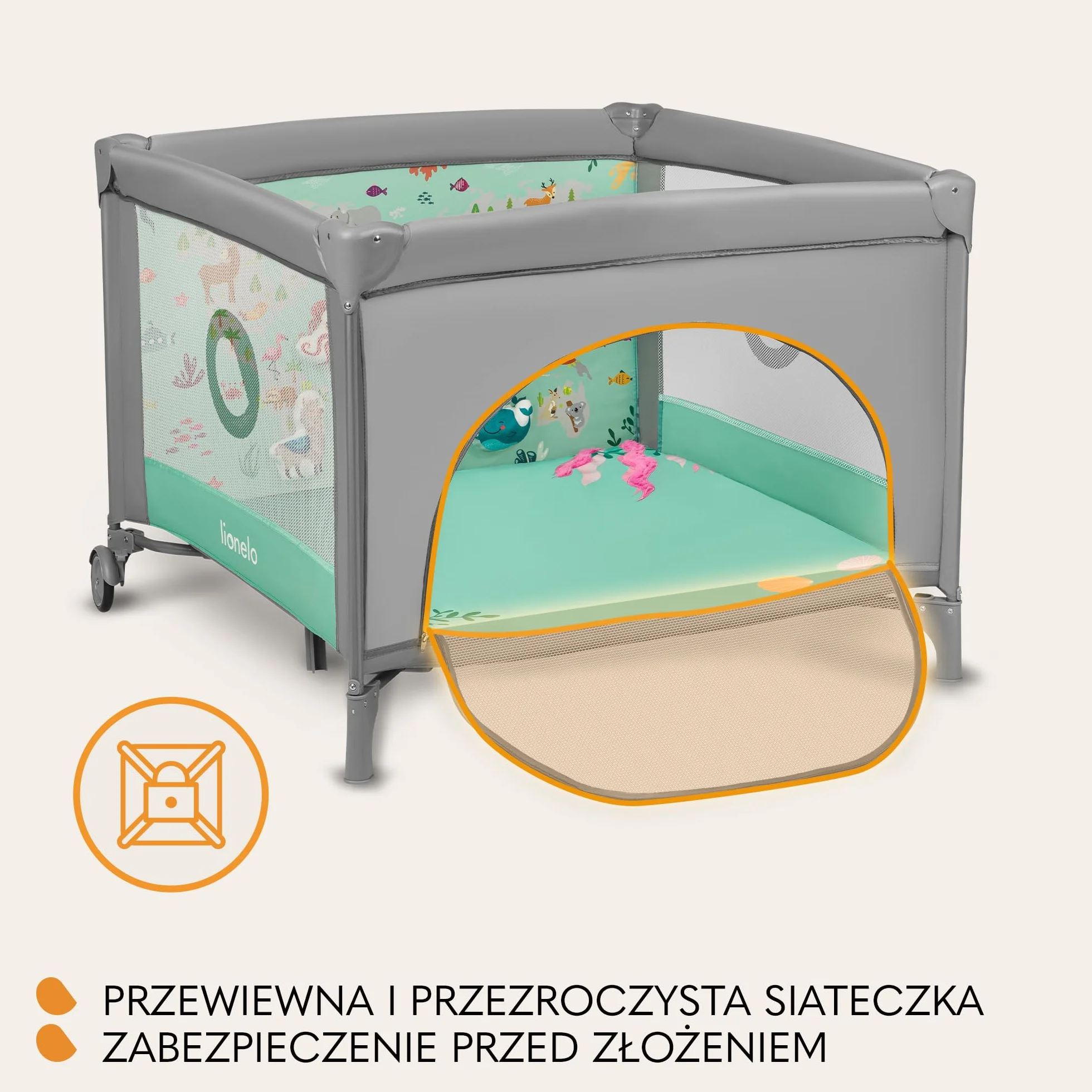 LIONELO MILLE Łóżeczko 2 w 1 Turystyczne Podróżne i Kojec dziecięcy do 15 kg 100x100cm 0-36 miesięcy, Boczne Wejście na Zamek, Materac, Koła z Hamulcem, Łatwe Składanie, Torba Transportowa