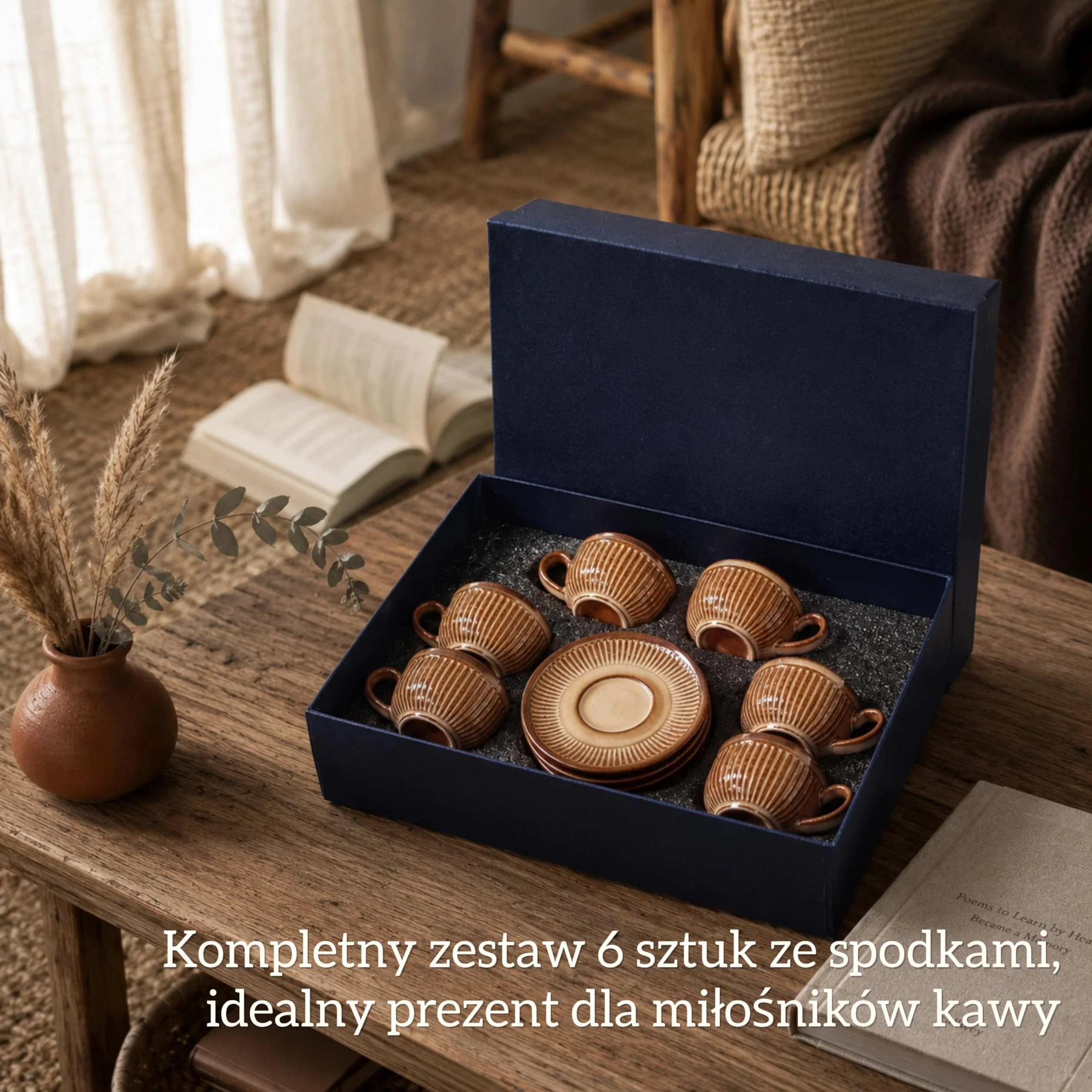 Zestaw 6 filiżanek do espresso ze spodkami 90 ml – zestaw filiżanek do espresso – filiżanki do kawy z kamionką – grube ścianki z uchwytem – ręcznie wykonane filiżanki do kawy barista