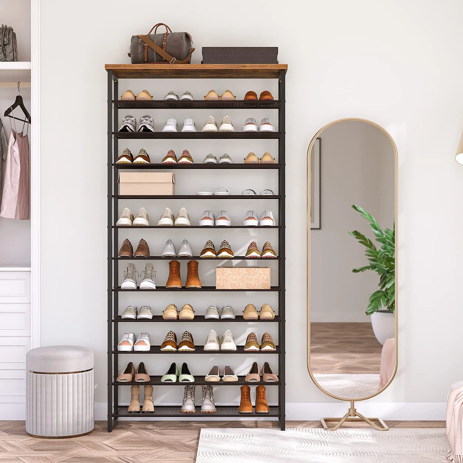 HOOBRO Duży regał na buty, 12-poziomowa półka na buty, wysoka, na 35-45 par butów, metalowa rama, styl przemysłowy, do korytarza, salonu, sypialni, vintage, brązowo-czarny, BF127XJ01