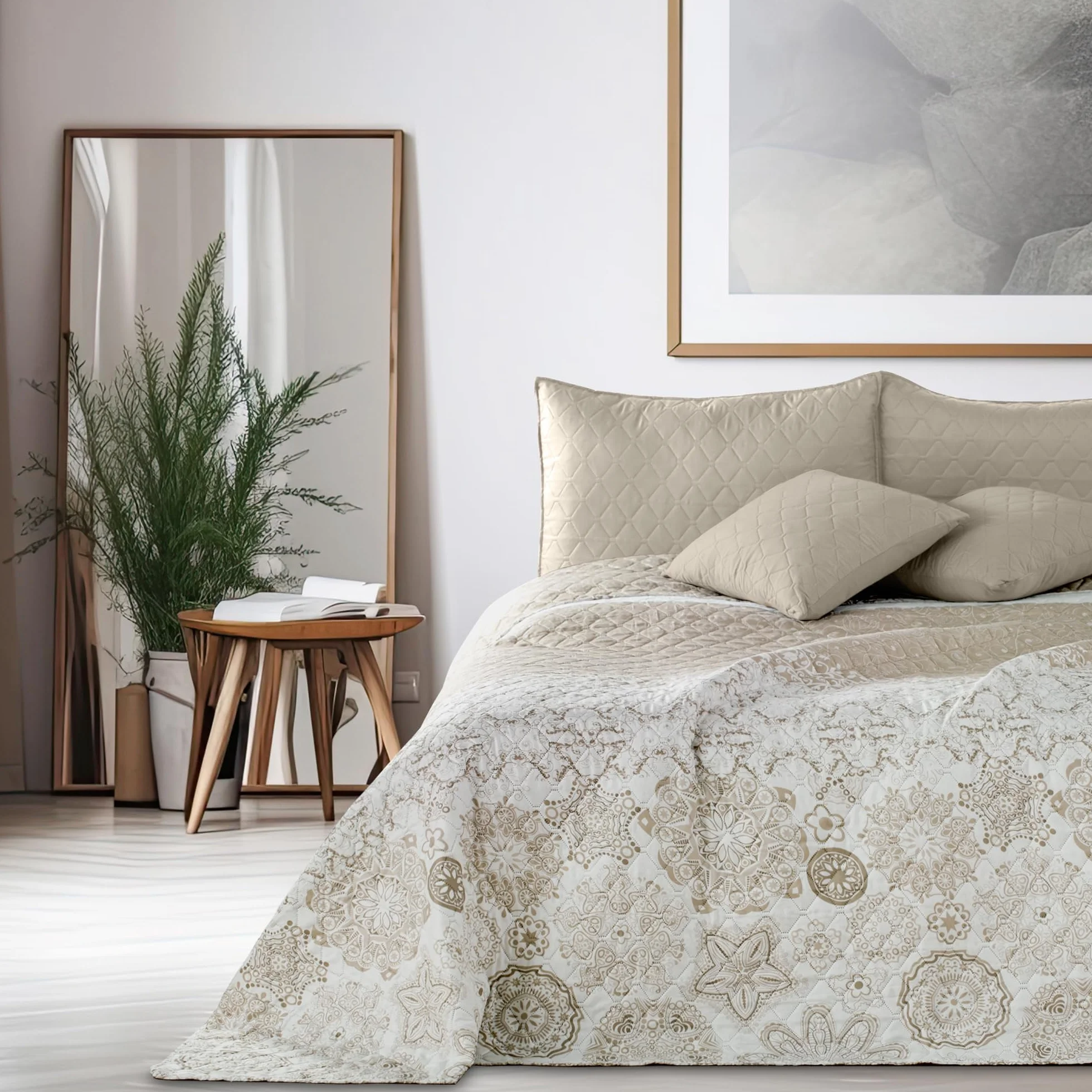 DecoKing Narzuta na łóżko 220 x 240 cm w abstrakcyjny wzór dwustronna Alhambra beżowy biały łatwa w pielęgnacji