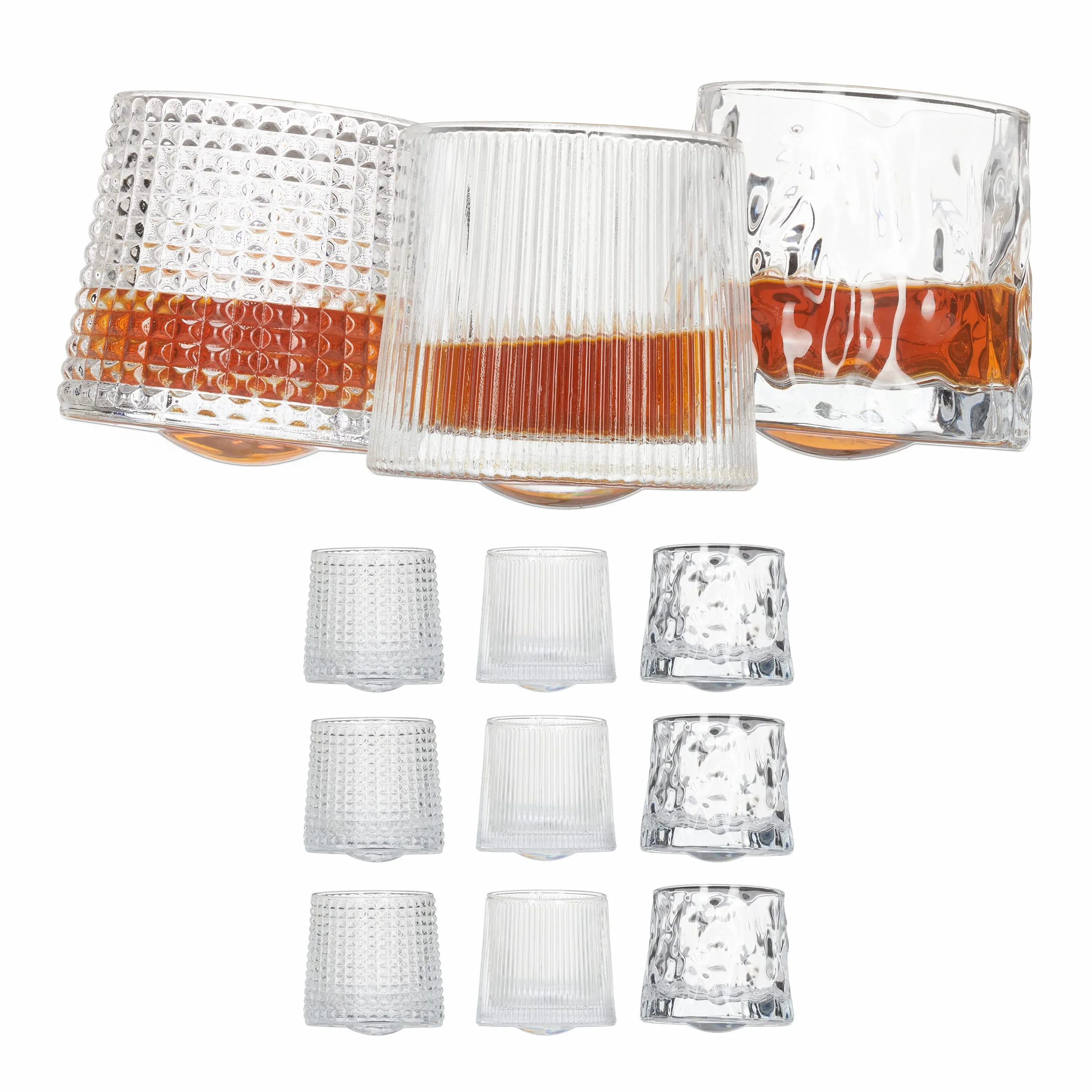 Relaxdays Szklanki do whisky, zestaw 12 sztuk, 3 różne szlify, 150 ml, szklanki do drgania się, wys. x śr.: 7,5 x 8 cm, przezroczyste, 12 sztuk (1 opakowanie)