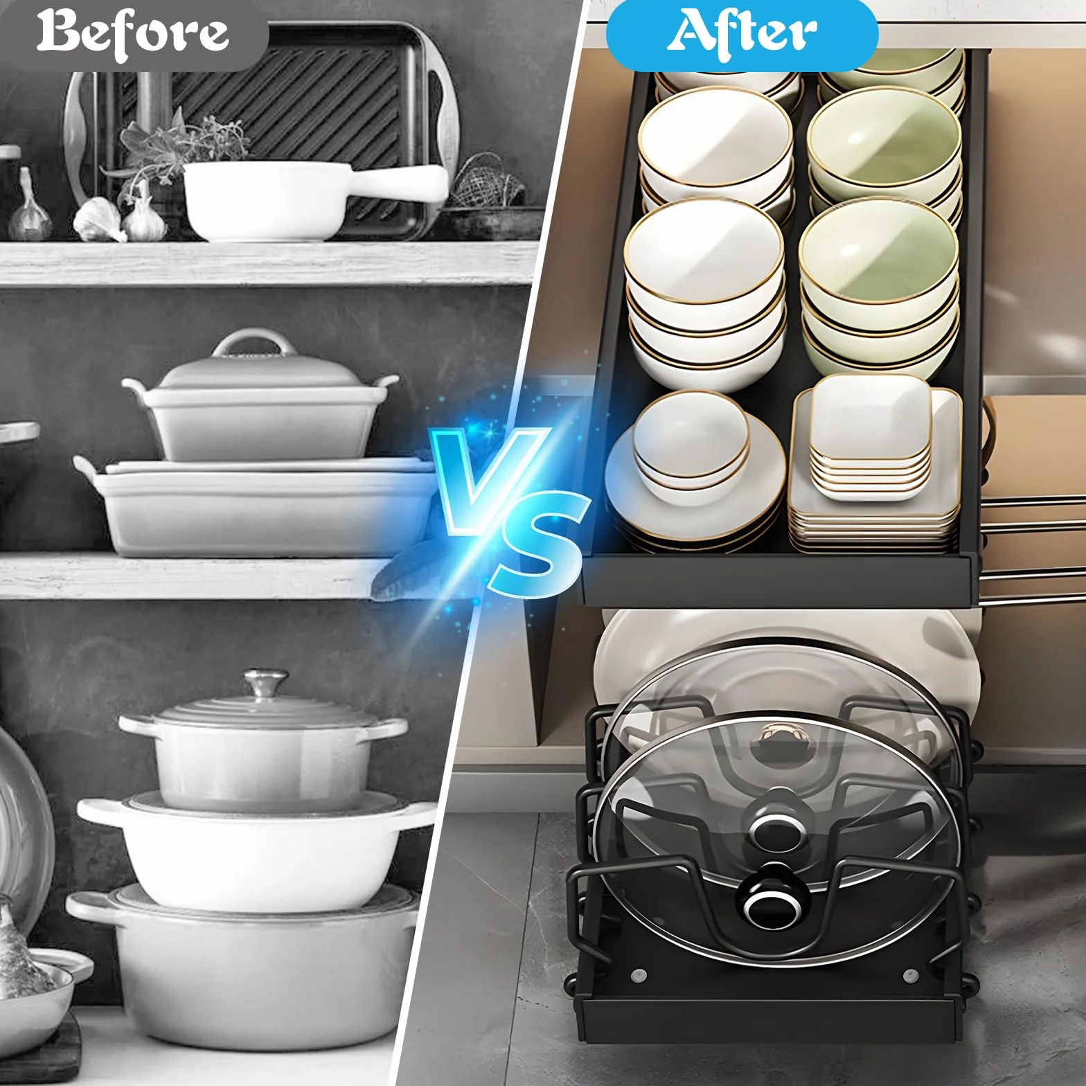 ZLPBAO Sliding Pot Lid Holder with 12 Adjustable Compartments, Space-Saving Pan Holder for Pans, Lids and Plates, Metal Stand, Kitchen Container