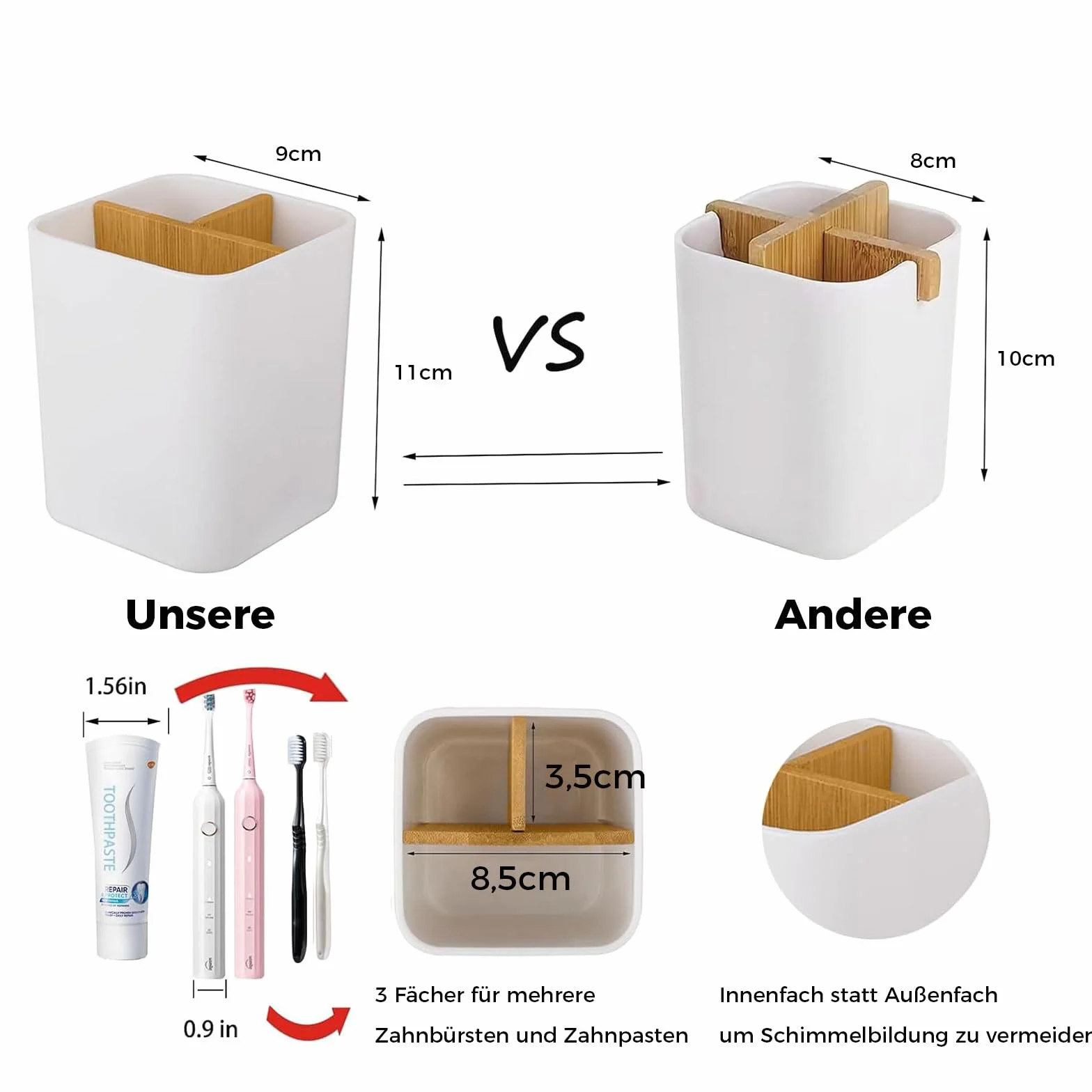 MOGADEE® Uchwyt na szczoteczki do zębów, Toothbrush Holder, kubek na szczoteczki do zębów z tworzywa sztucznego, 2 przegródki na szczoteczki do zębów + 1 pojemnik do przechowywania, na elektryczne