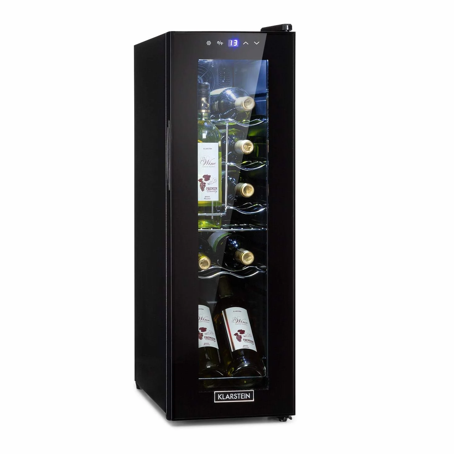 Klarstein Shiraz, chłodziarka do wina - mini lodówka, lodówka do wina, winiarka, kompaktowa chłodziarka na wino, przejrzysty dotykowy panel, led oświetlenie wnętrza, kolor czarny, wariant: 32l, 12 butelek