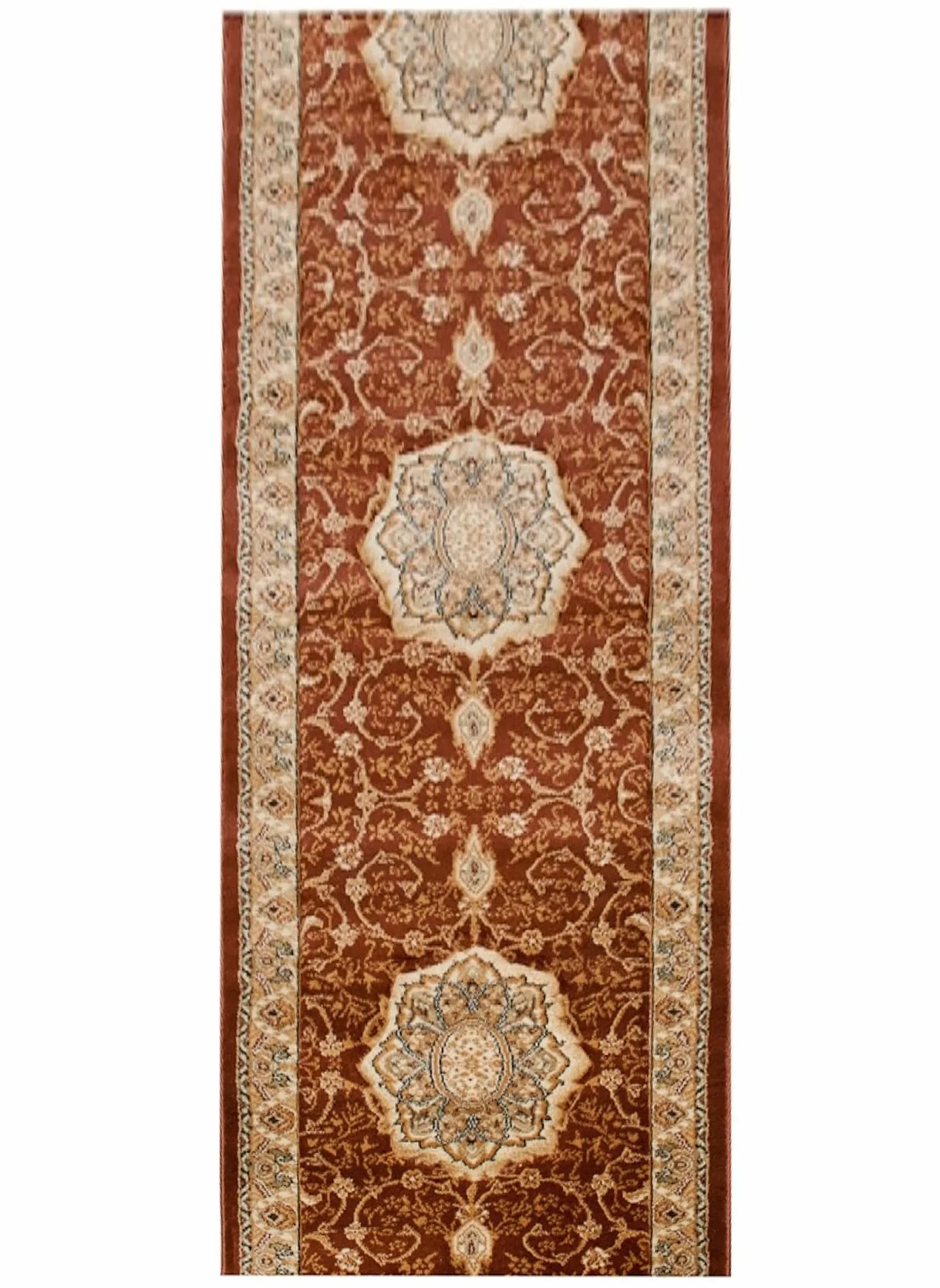 TAPISO Yesemek dywan chodnik, do korytarza, mostek, krótkie runo, klasyczny medalion kwiatowy, ornament, wzór, brązowy, beżowy, do korytarza, salonu, Ökotex 80 x 1300 cm
