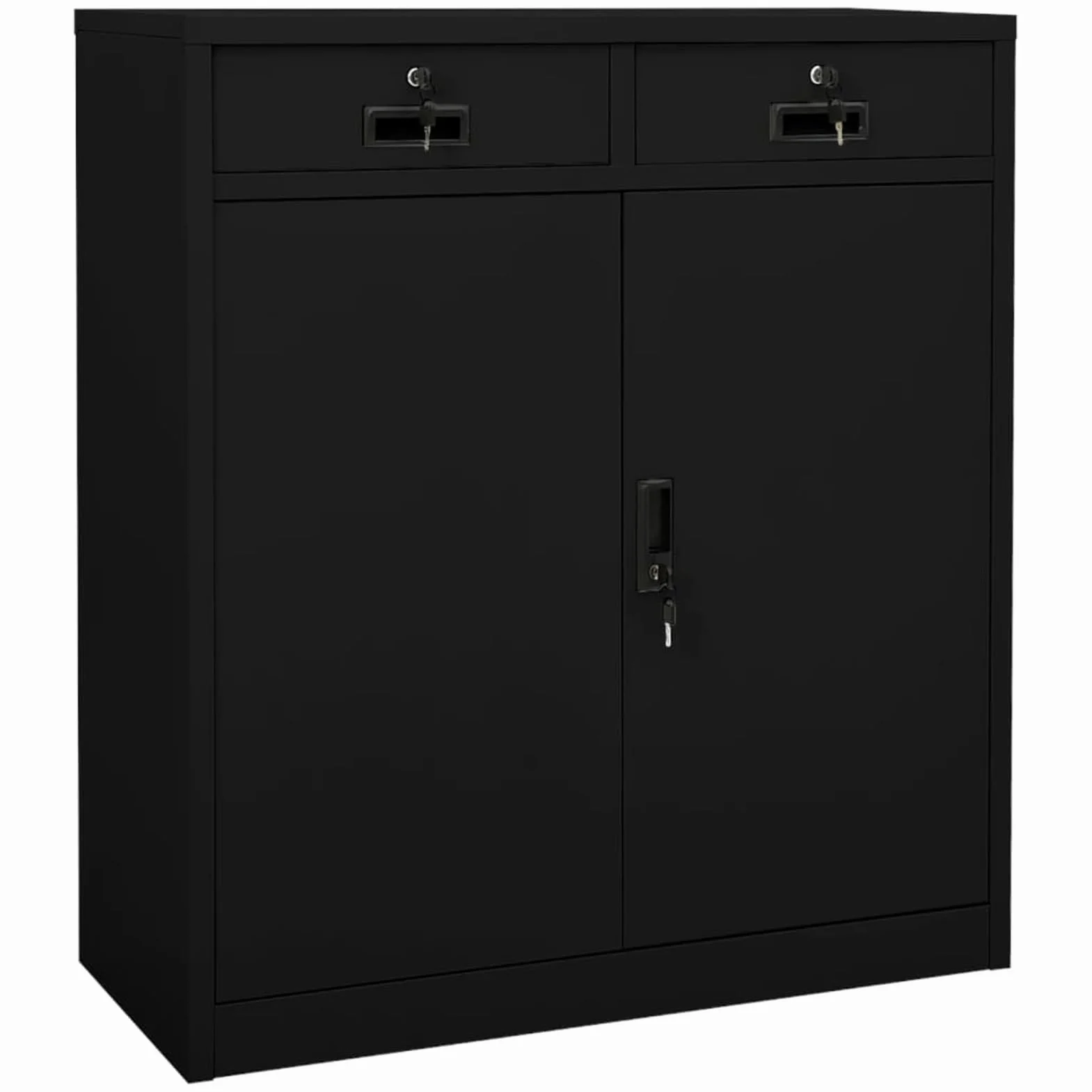 Szafka na akta, czarna, stalowa, 90 x 40 x 102 cm, z 2 półkami o regulowanej wysokości, 2 szufladami na łożyskach kulkowych i zamkami bezpieczeństwa – organizacja biura