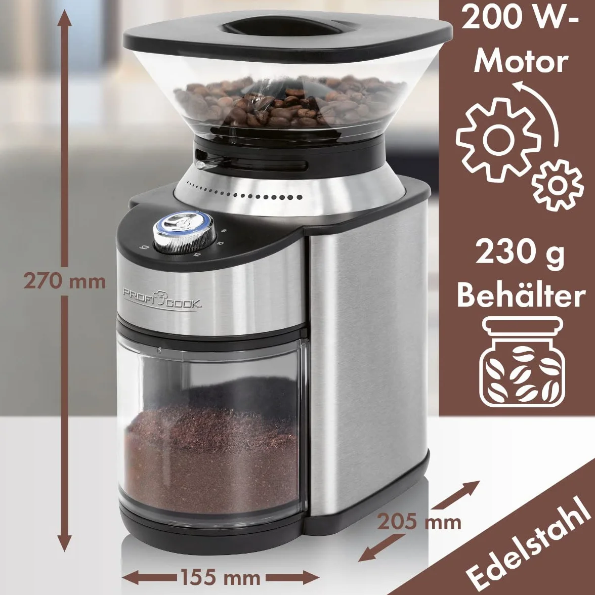 ProfiCook® młynek do kawy | elektryczny | 200 W | 16 ustawień stopnia mielenia | stożkowy mechanizm mielący ze stali nierdzewnej | młynek do kawy | młynek do kawy | do 230 g ziaren kawy | elektryczny
