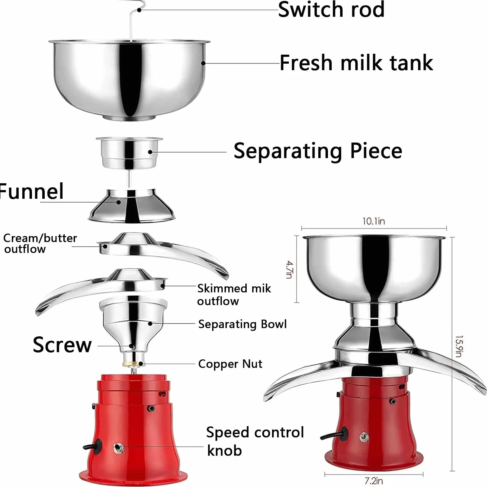 Wirówka do Mleka 5L Elektryczna, Separator Śmietany Stal Nierdzewna 50L/H, 11000 RPM,do Produkcji Masła i Sera, Milk Skimmer High Efficiency