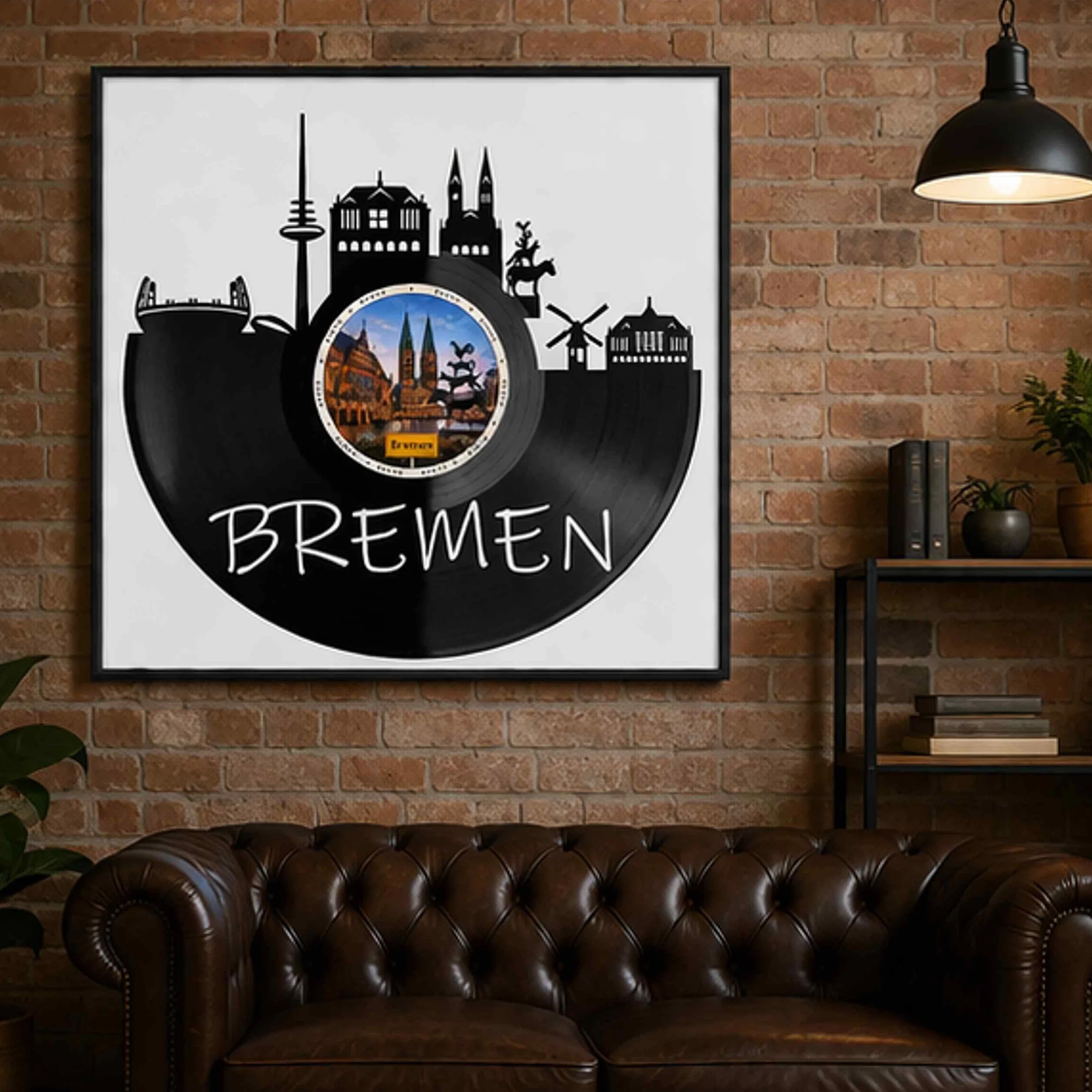 EVEVO Dekoracja ścienna z płyty gramofonowej w ramie 32 x 32 cm Brema – winylowa sztuka ścienna, Hanzestadt Skyline, prezent dla fanów Bremy, zorza polarna