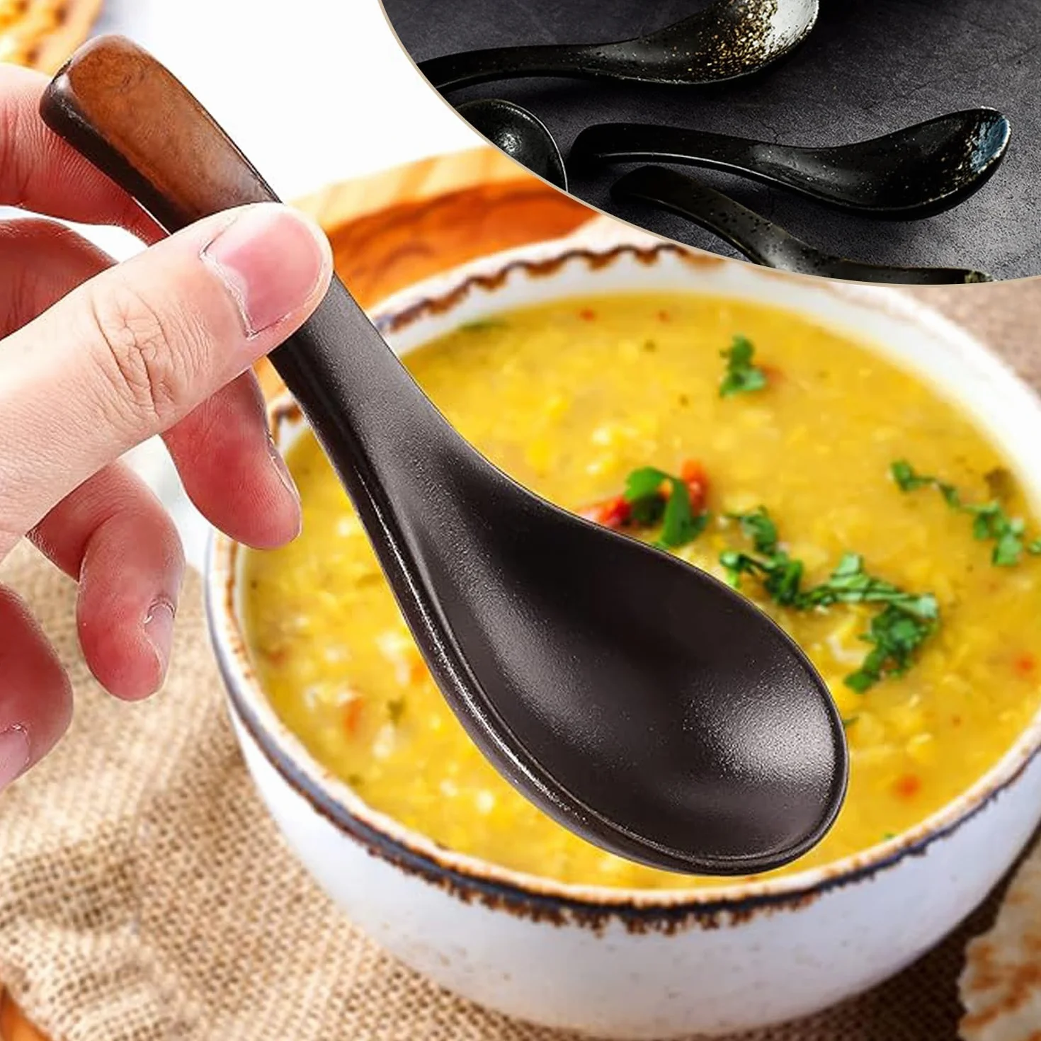 5 sztuk ceramicznych łyżek, retro chińskie łyżki do zupy ramen japońskie łyżki do zupy, azjatycki ramen makaron sztućce, sztućce do gospodarstwa domowego, łyżka do zupy (czarne)