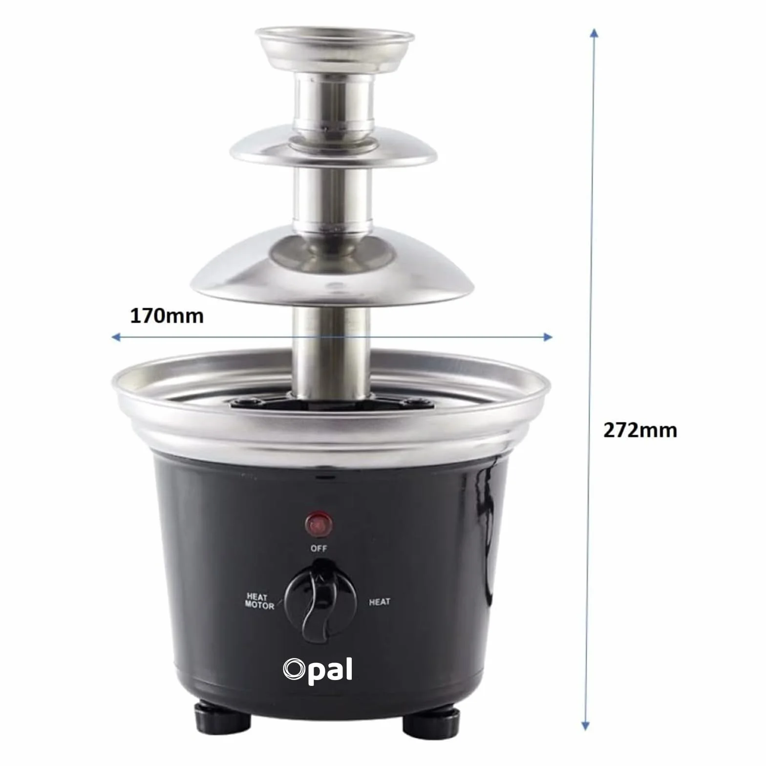 Opal Fontanna do Czekolady 3-Poziomowa – Stal Nierdzewna, 500ml, 90W, Zestaw Fondue Elektryczny z Podgrzewaną Podstawą (OCF17)
