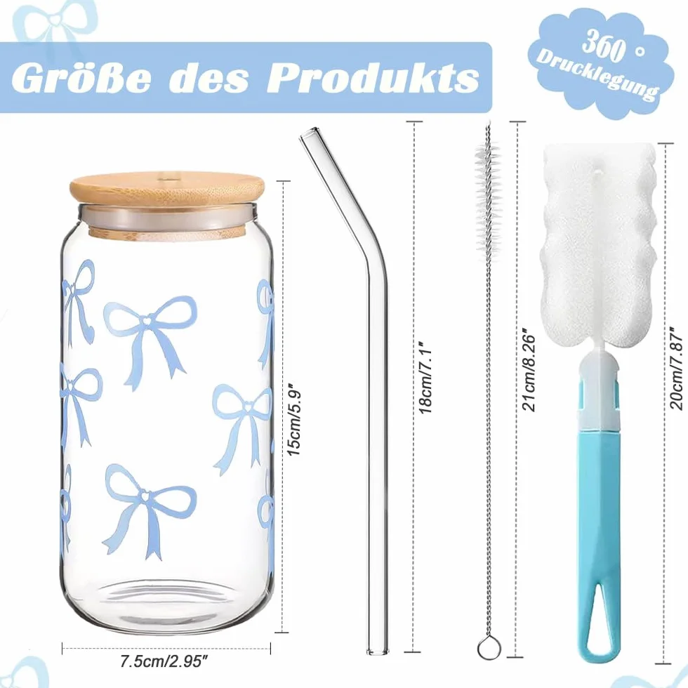 ze słomką i pokrywką, kubek do bubble tea ze szklaną słomką, 16 oz mrożona kawa, szklanka matcha z motywem kokardki, szklanki do coli na mrożoną kawę, koktajl (niebieska kokardka)