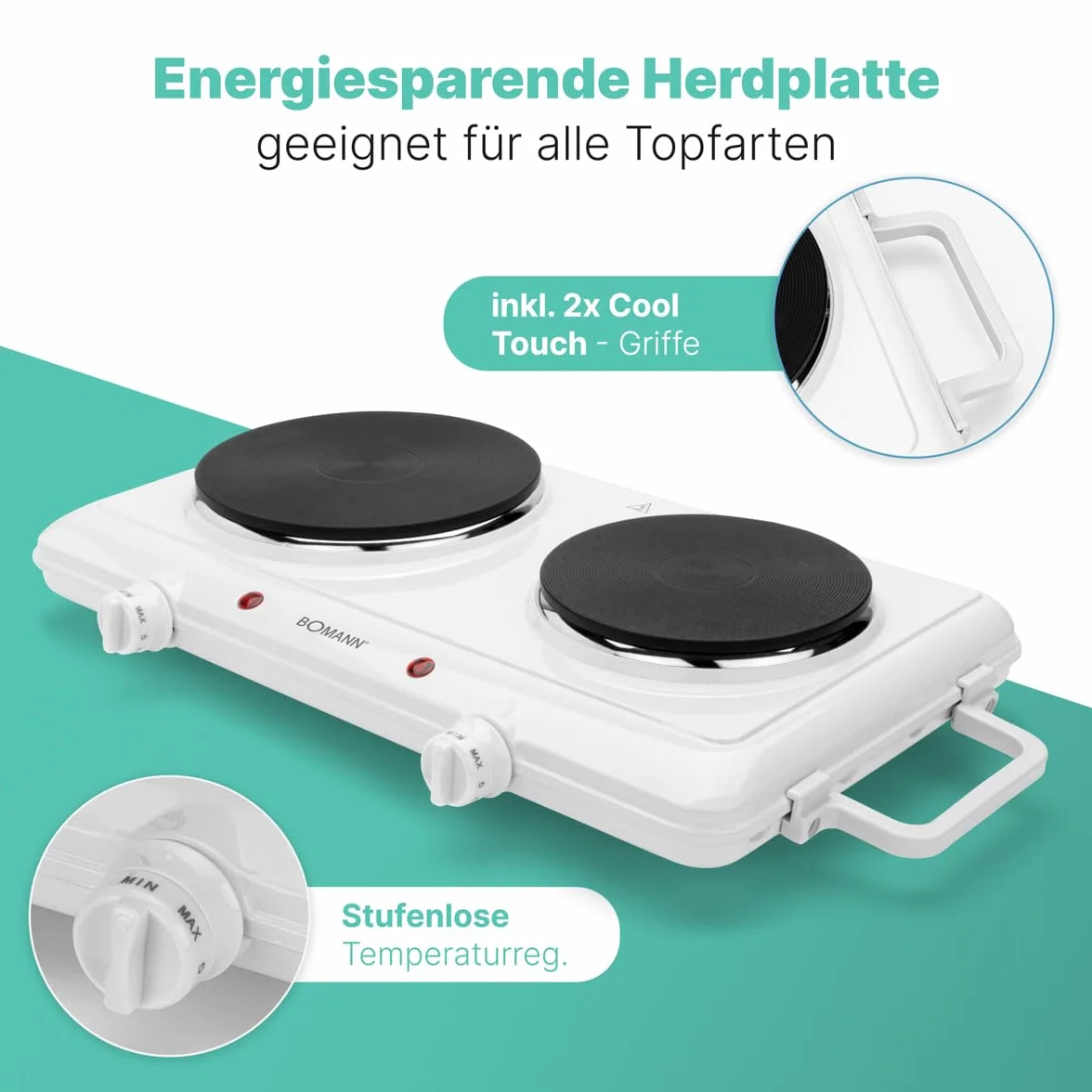 Bomann® Podwójna płyta grzewcza | Wydajna płyta grzewcza z bezstopniowo regulowanymi termostatami | 2 płyty grzewcze | uchwyty Cool-Touch | podwójna płyta grzewcza o mocy 1500 W/1000 W | DKP 5028 CB