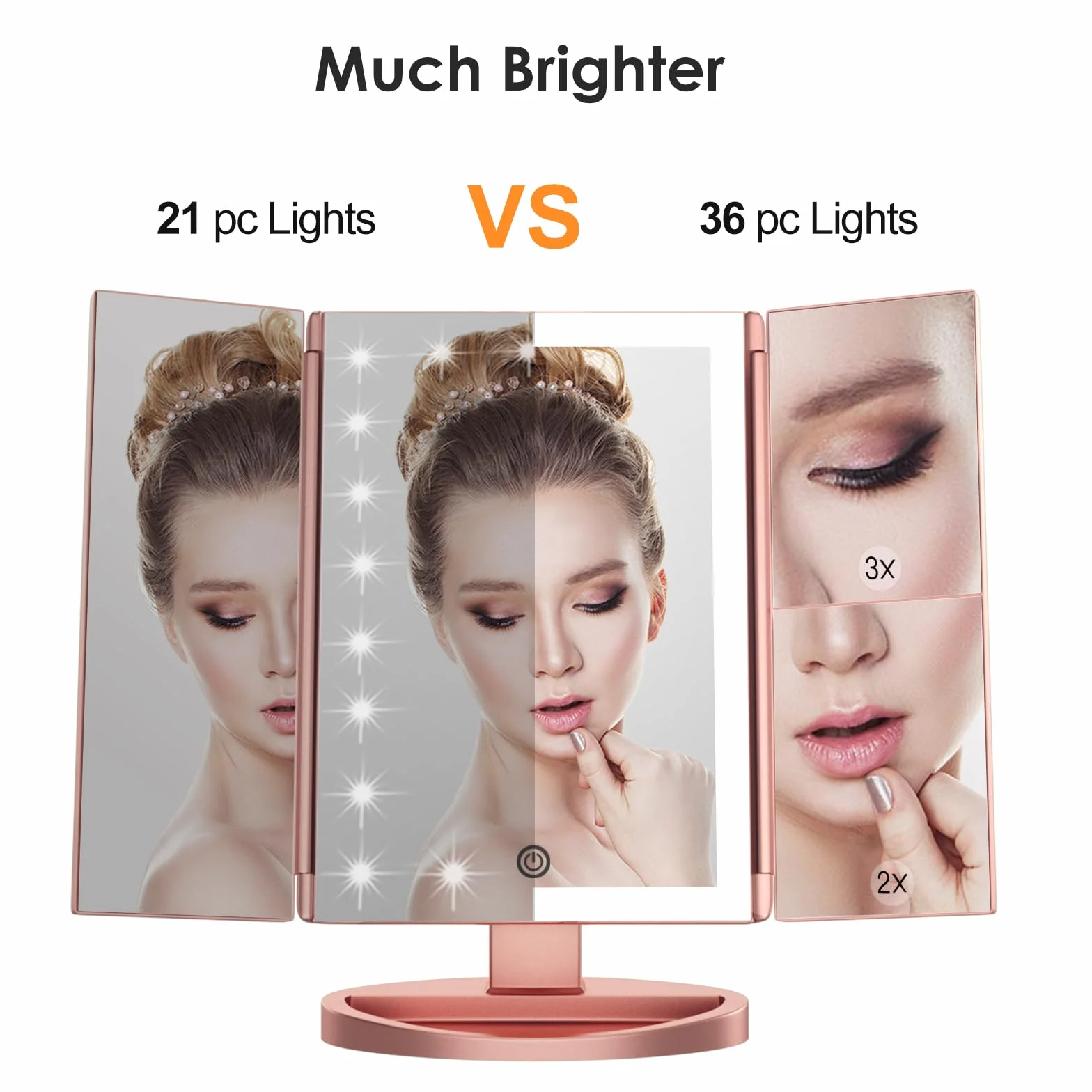 WEILY Lustro do makijażu ze światłami, lusterko powiększające z 1X/2X/3X, Tri-Fold lusterko do makijażu z ekranem dotykowym, lustro stołowe z obsługą USB i baterią (różowe złoto)