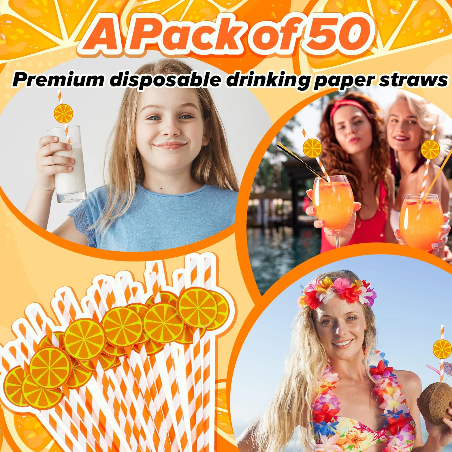 Giantree 50 szt. papierowych słomek w paski cytrynowe, jednorazowe słomki do picia, urocze owoce, dekoracyjna papierowa słomka na imprezę, na jesień, ślub, baby shower, dekoracja, artykuły na