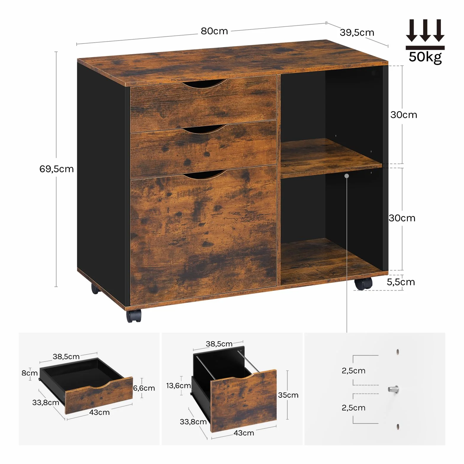 WOLTU Mobilny segregator z 3 szufladami, 2 otwarte półki i drążek wiszący | 5 kółek, do teczek i A4, 80 x 39,5 x 69,5 cm, rustykalny brąz