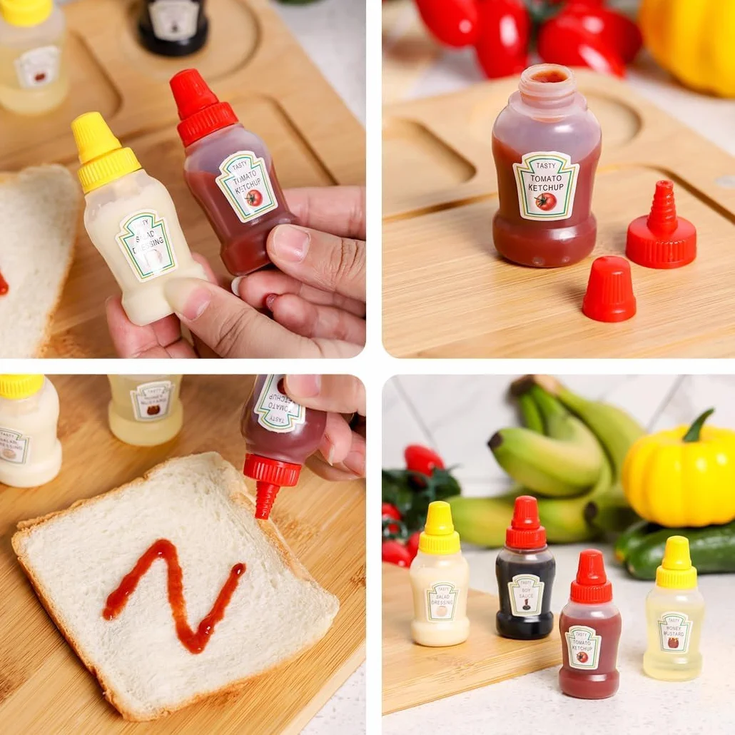 Mini butelka na ketchup, 4 sztuki 23 ml butelka do wyciskania, przenośny pojemnik, mini sos sojowy, ketchup, sos sałatkowy
