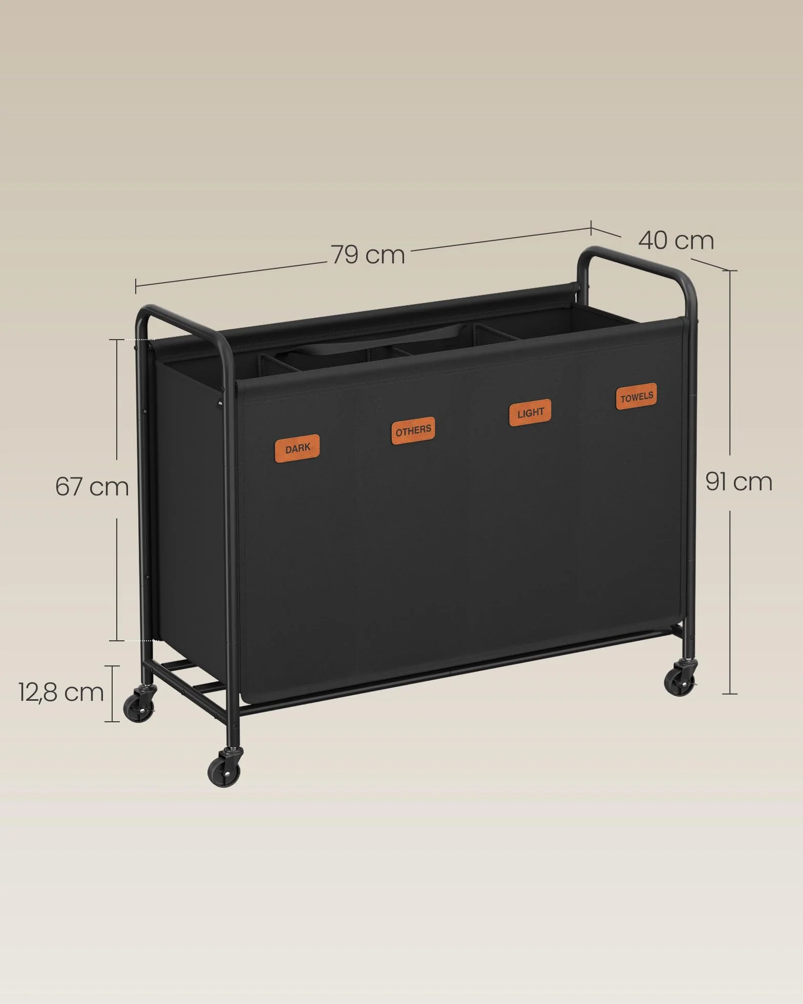 SONGMICS Rolling Laundry Basket 4-komorowy 200-litrowy sorter prania mobilny wózek czarny RLS460B01