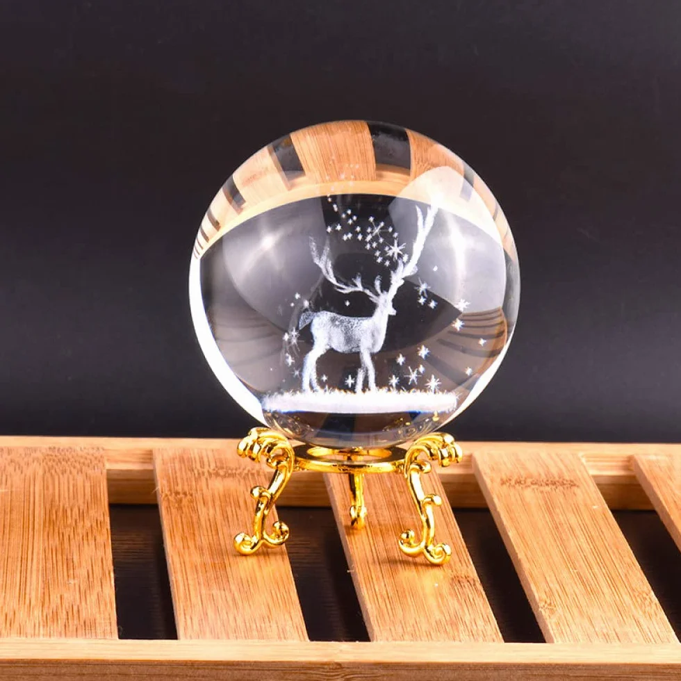 3D Wapiti Ball grawerowane szklana kula kryształowy ornament miniaturowy renifer Home Decor akcesoria do dekoracji świątecznych kula, kula złota podstawa, 8cm
