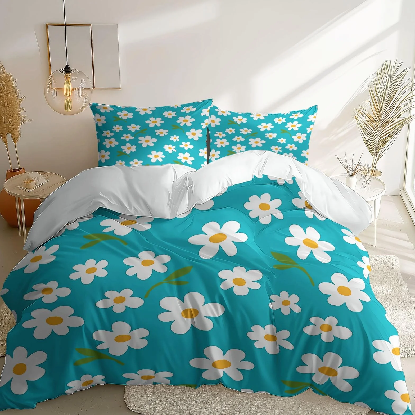 Zestaw pościeli Daisiespatterns miękki nadruk zestaw pościeli szczotkowana mikrofibra poszewka na kołdrę z poszewkami na poduszki 260 x 220 cm prezenty dla mamy sypialnia dekoracja biały niebieski