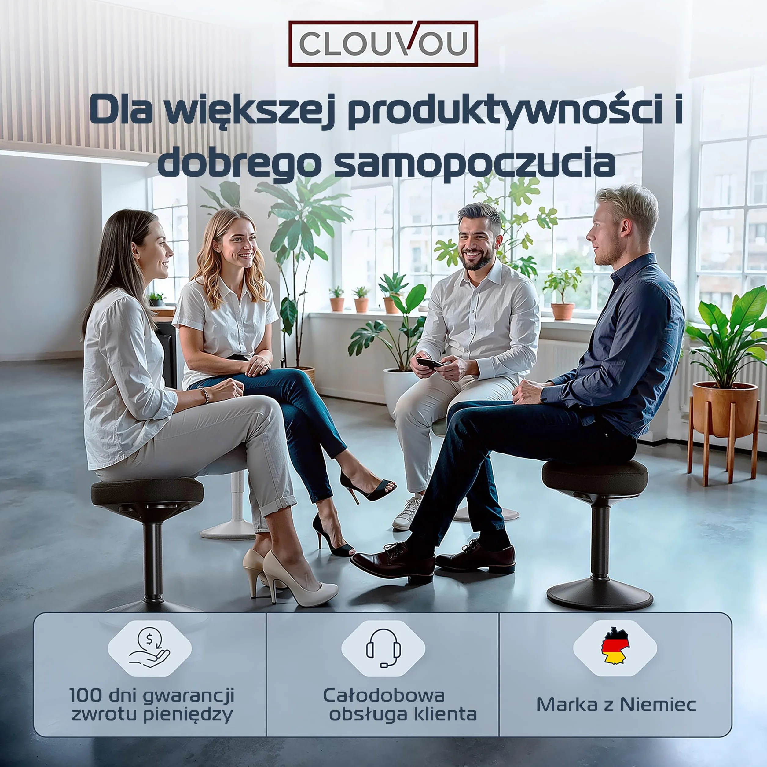CLOUVOU Nexus Taboret ergonomiczny [ORIGINAL] Taboret regulowany w zakresie od 47 cm do 64 cm - Stołek, który ma wygodne tapicerowane siedzisko - Obrotowy stołek do salonu