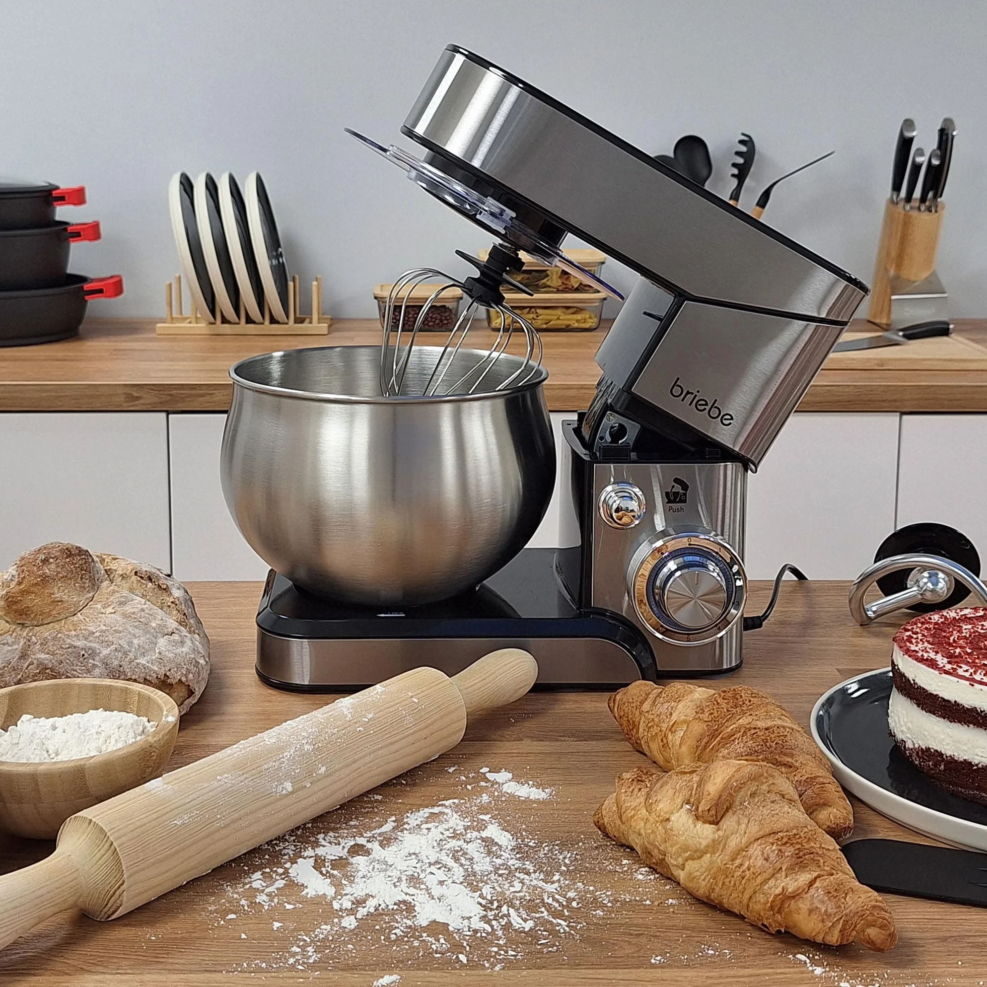 briebe Mikser do ciasta 1800 W MAX, profesjonalny robot kuchenny, ruch orbitalny, pręty, hak do ciasta, łopatka do mieszania, 5 l, 6 prędkości + funkcja pulsu, Inox KM1114