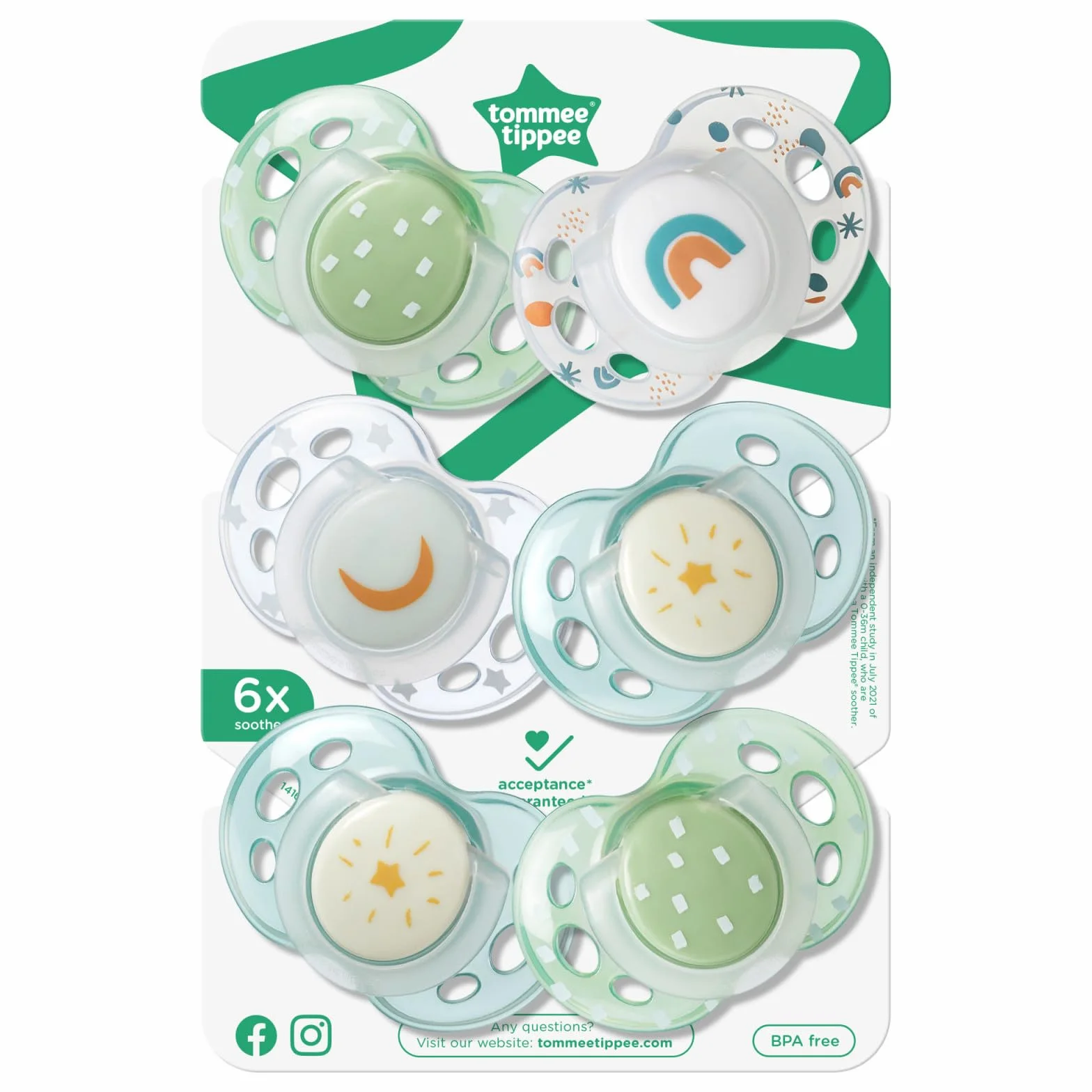 Tommee Tippee 433556 Zabawny smoczek, ortopedyczny, symetryczny, silikon, nie zawiera BPA, 18-36 miesięcy, 6 sztuk, zielony