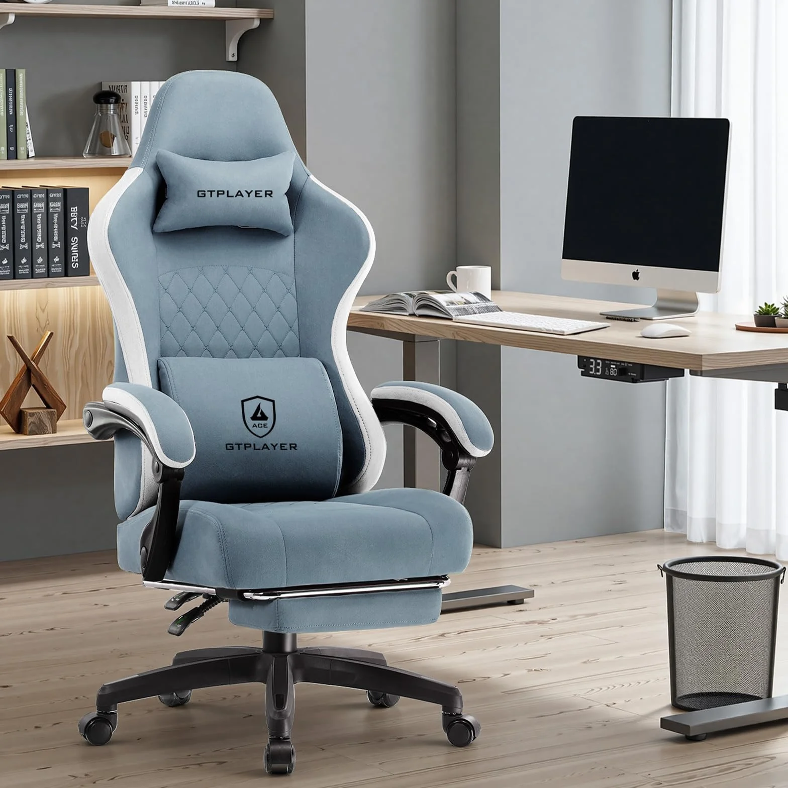 GTPLAYER Fotel gamingowy, ergonomiczny fotel gamingowy, krzesło do biurka z powierzchnią z materiału, poduszka sprężynowa, podłokietniki łączące i podnóżek, jasnoniebieski