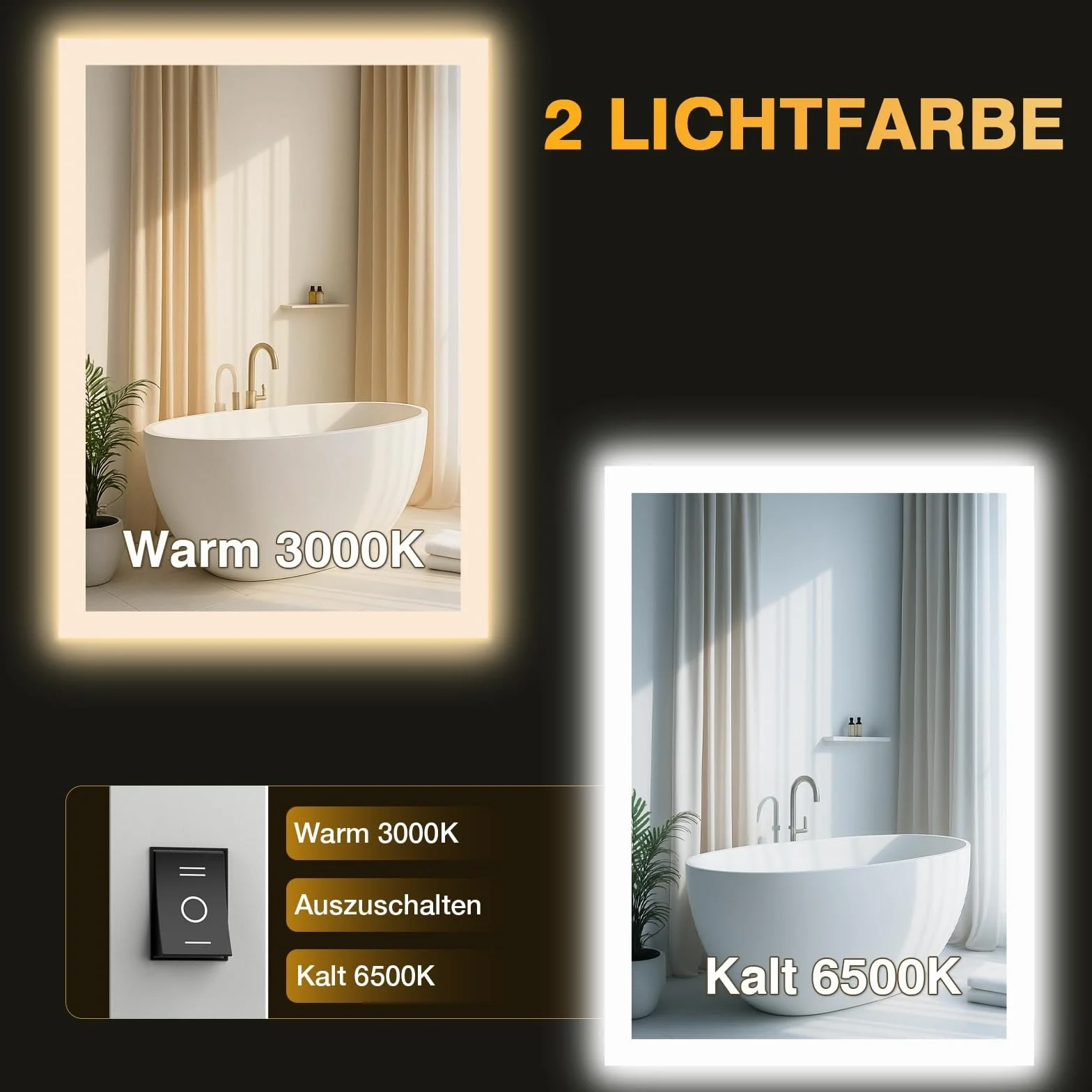 Lustro łazienkowe z oświetleniem, LED lustro łazienkowe z światłem, przeciwmgielne, 2 kolory światła, 3000K / 6500K, przełącznik obrotowy, prostokątne lustro łazienkowe z oświetleniem 45 x 60