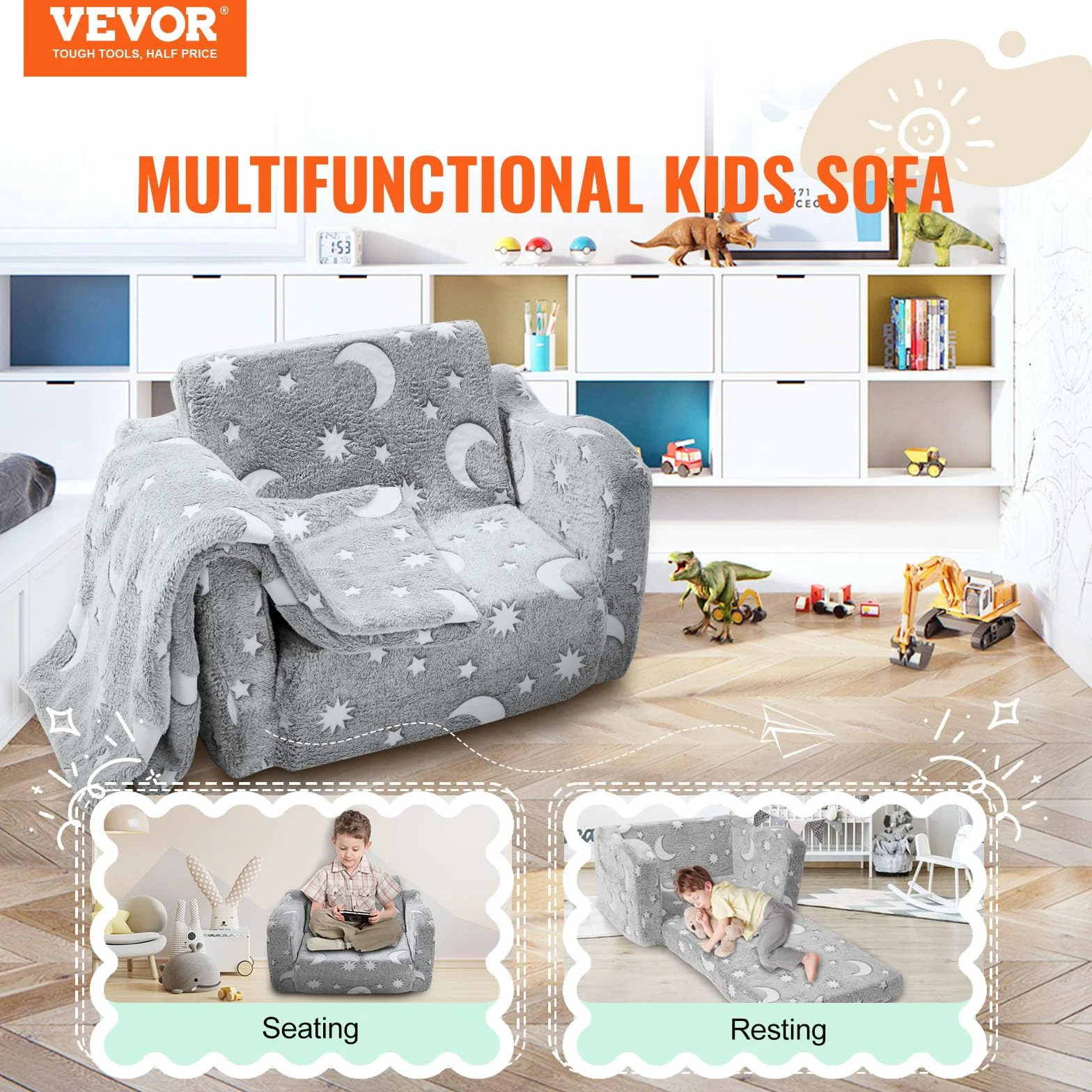 VEVOR Składana sofa dla dzieci, fosforyzująca sofa, rozkładana sofa dla dzieci 2 w 1, bardzo miękka rozkładana sofa do siedzenia i spania, do sypialni.