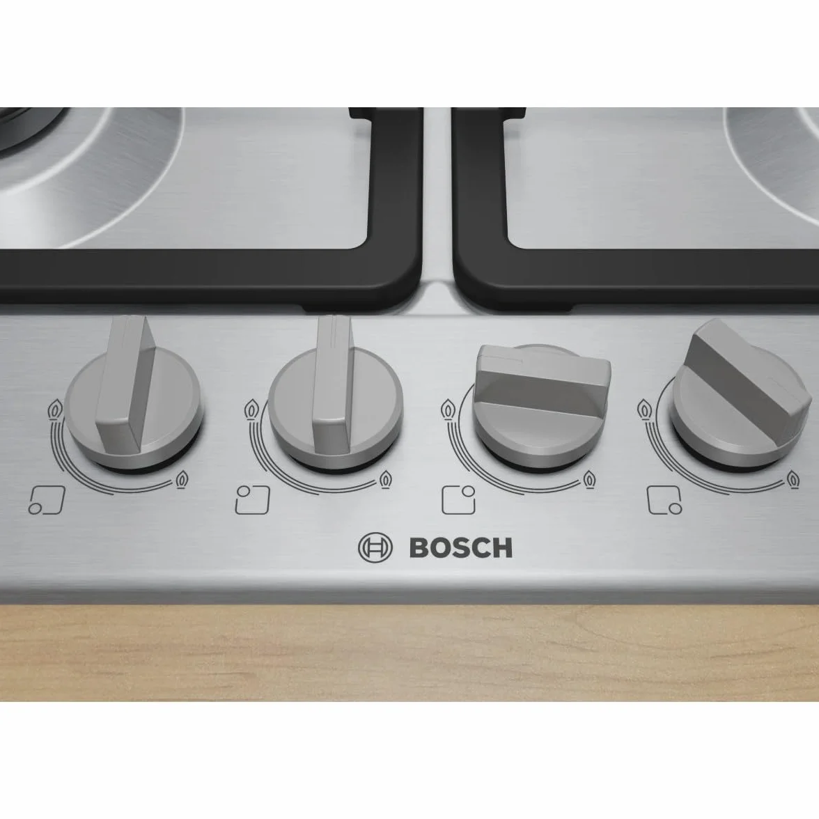 Bosch PGH6B5K90 seria 4 płyta gazowa, palnik Wok: moc do 3,3 kW, żeliwne ruszty, stal, 60 cm, 3 strefy + Wok, stal nierdzewna | Kuchenka gazowa z precyzyjną kontrolą płomienia, ruszty żeliwne nadają się do mycia w zmywarce, wyprodukowano w Europie