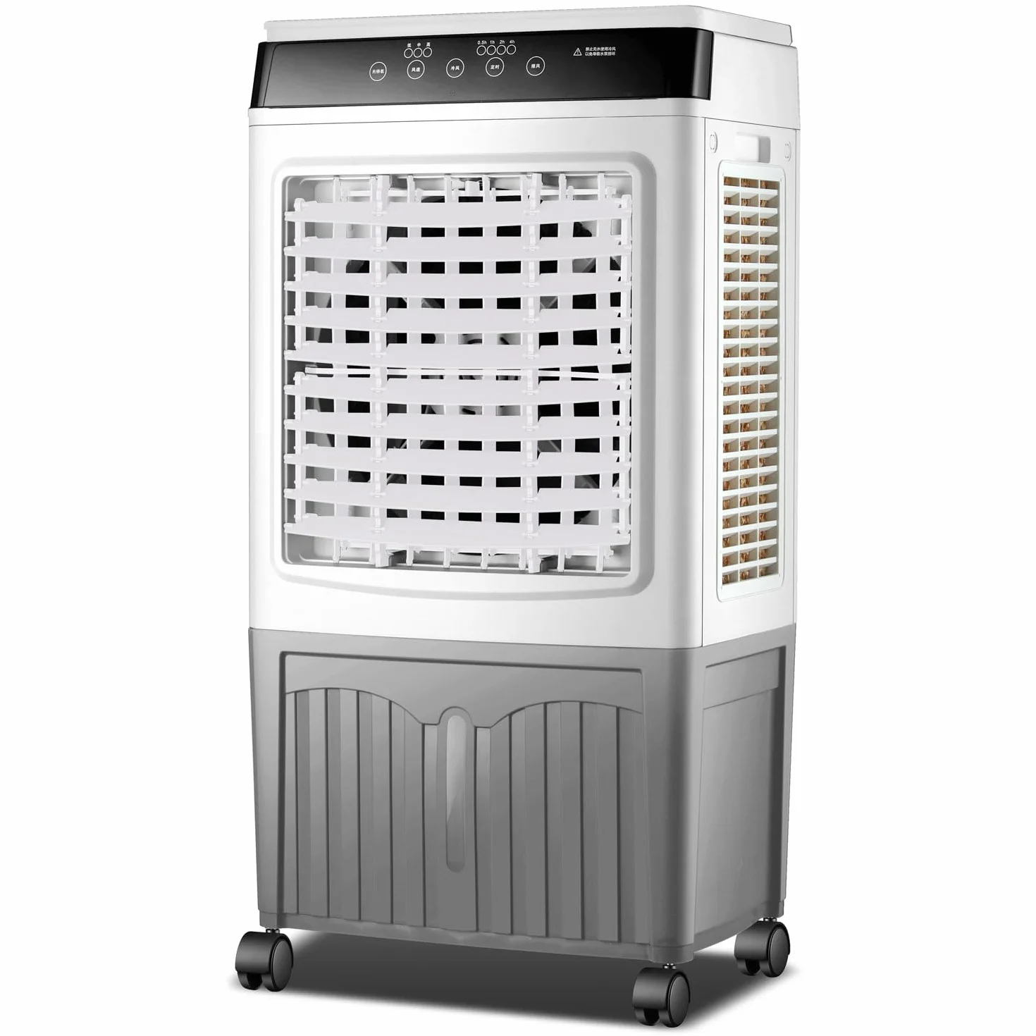 Przenośny klimatyzator wyparny ze zbiornikiem 40 l, 2 pojemniki na lód, 3 prędkości, oscylacja 120°, nawilżacz powietrza i cichy wentylator do użytku na zewnątrz.