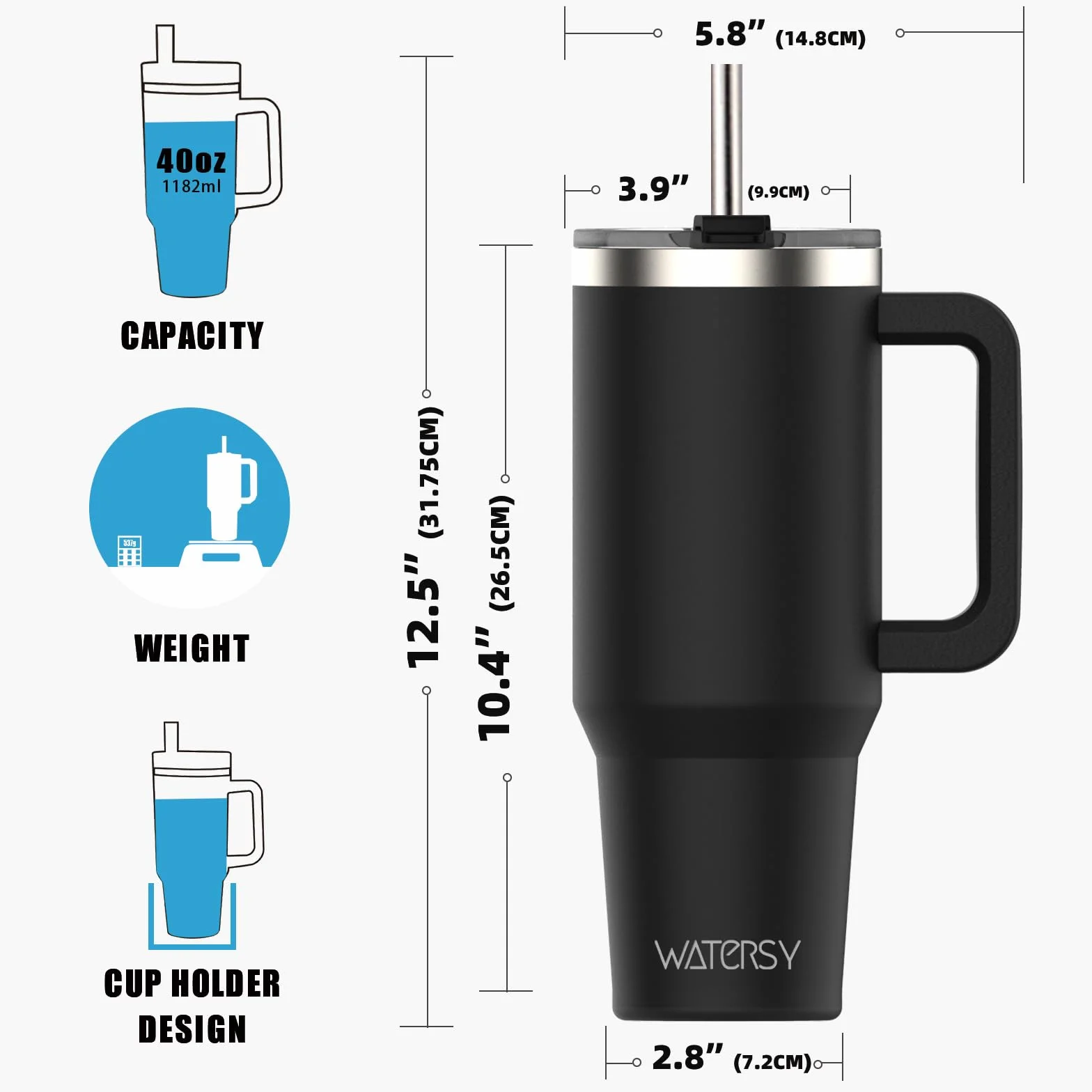 WATERSY Kubek podróżny, kubek do kawy, 1,134 ml, pokrywka ze słomką i uchwyt, stal nierdzewna, podwójna ścianka, izolowana próżniowo, butelka na wodę do zimnej gorącej kawy, 1182 ml, czarny