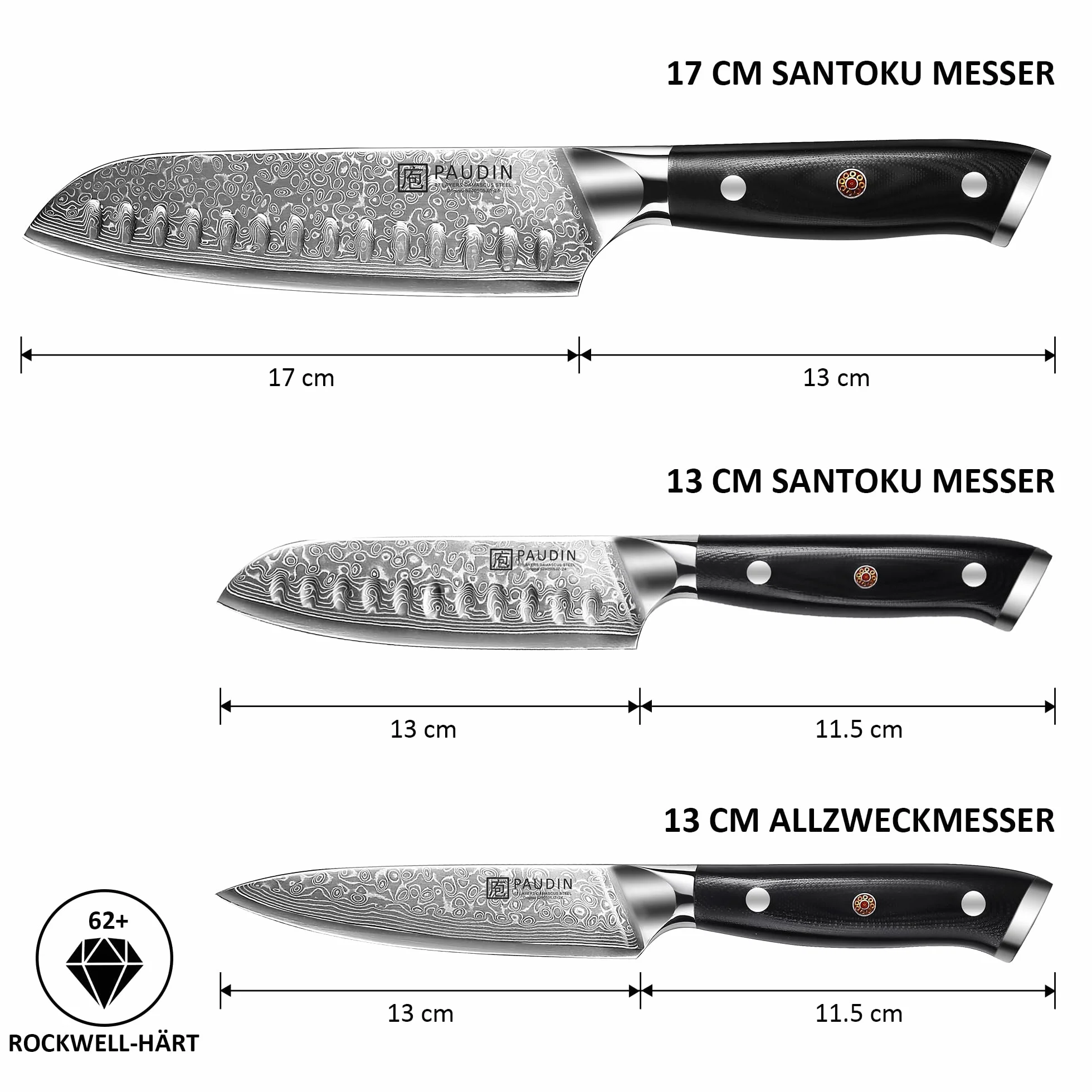 PAUDIN Zestaw noży damasceńskich 3 sztuki, zestaw noży kuchennych z adamaszku, ultra ostry nóż santoku, nóż kuchenny, 67 warstw stali damasceńskiej z rdzeniem ze stali VG10, ergonomiczny uchwyt G10