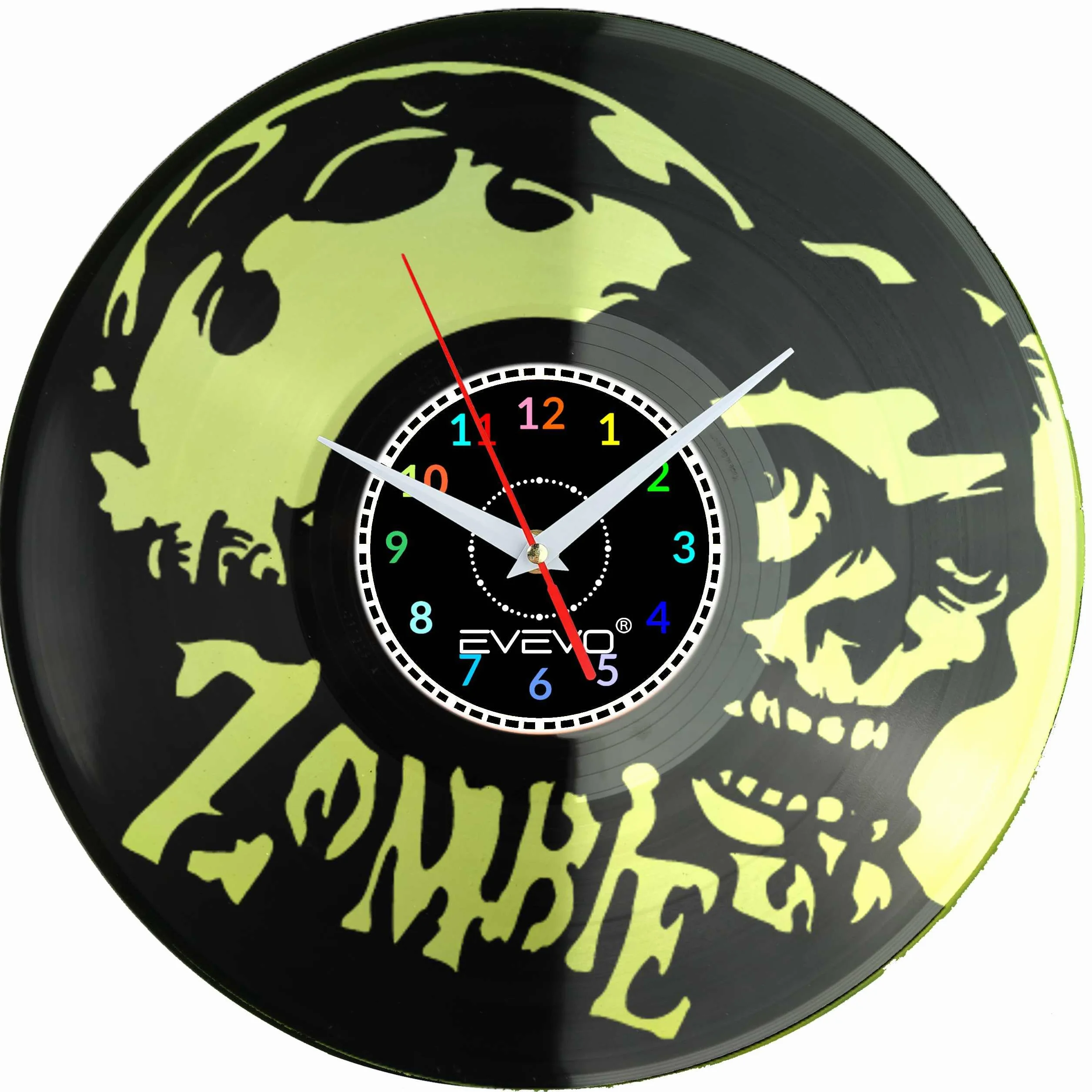 ZOMBIE ZEGAR ŚCIENNY FLUORESCENCYJNE TŁO PŁYTA WINYLOWA PREZENT UPOMINEK URODZINY DLA NIEJ DLA NIEGO F0001