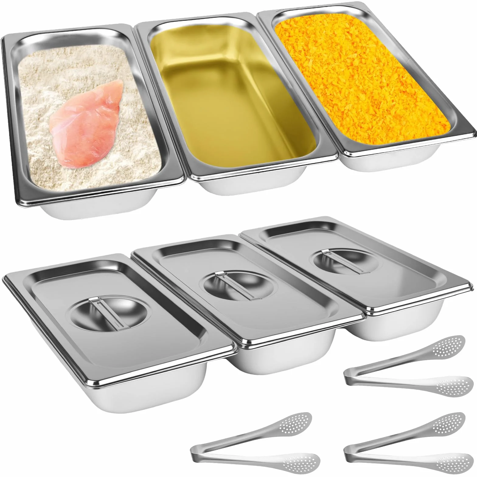 3-częściowy zestaw misek do panierowania, 32,5 x 17,5 x 6,5 cm, pojemnik GN 1/3, prostokątny metalowy pojemnik gastronomiczny z pokrywką ze stali nierdzewnej na kotlety (dostarczane z 3 klipsami ze