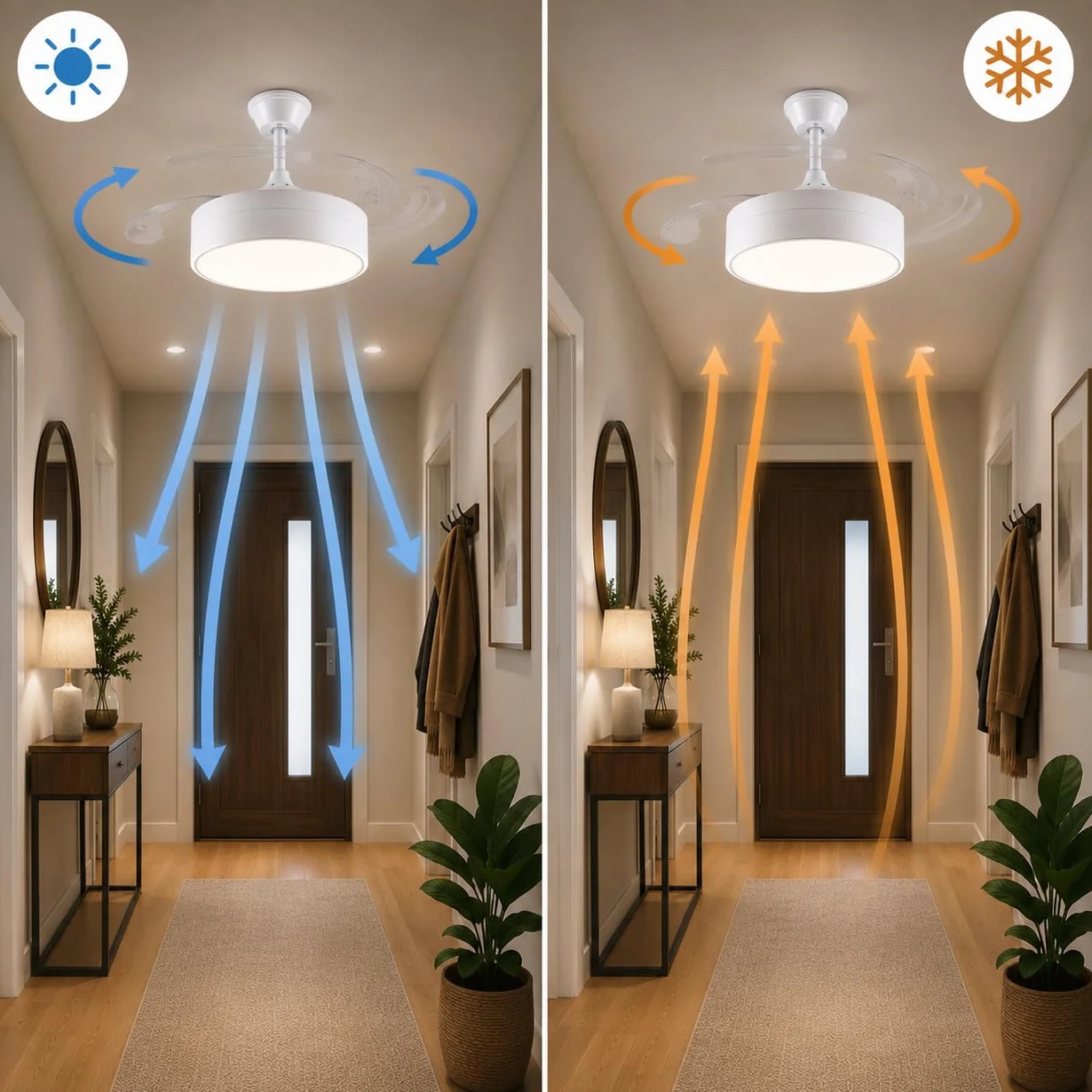M mimotec - Wentylator sufitowy z oświetleniem LED Messe 72W, biały, pilot zdalnego sterowania, niskie zużycie energii, silnik prądu stałego, 6 prędkości, cichy, 4 rozkładane łopatki, funkcja