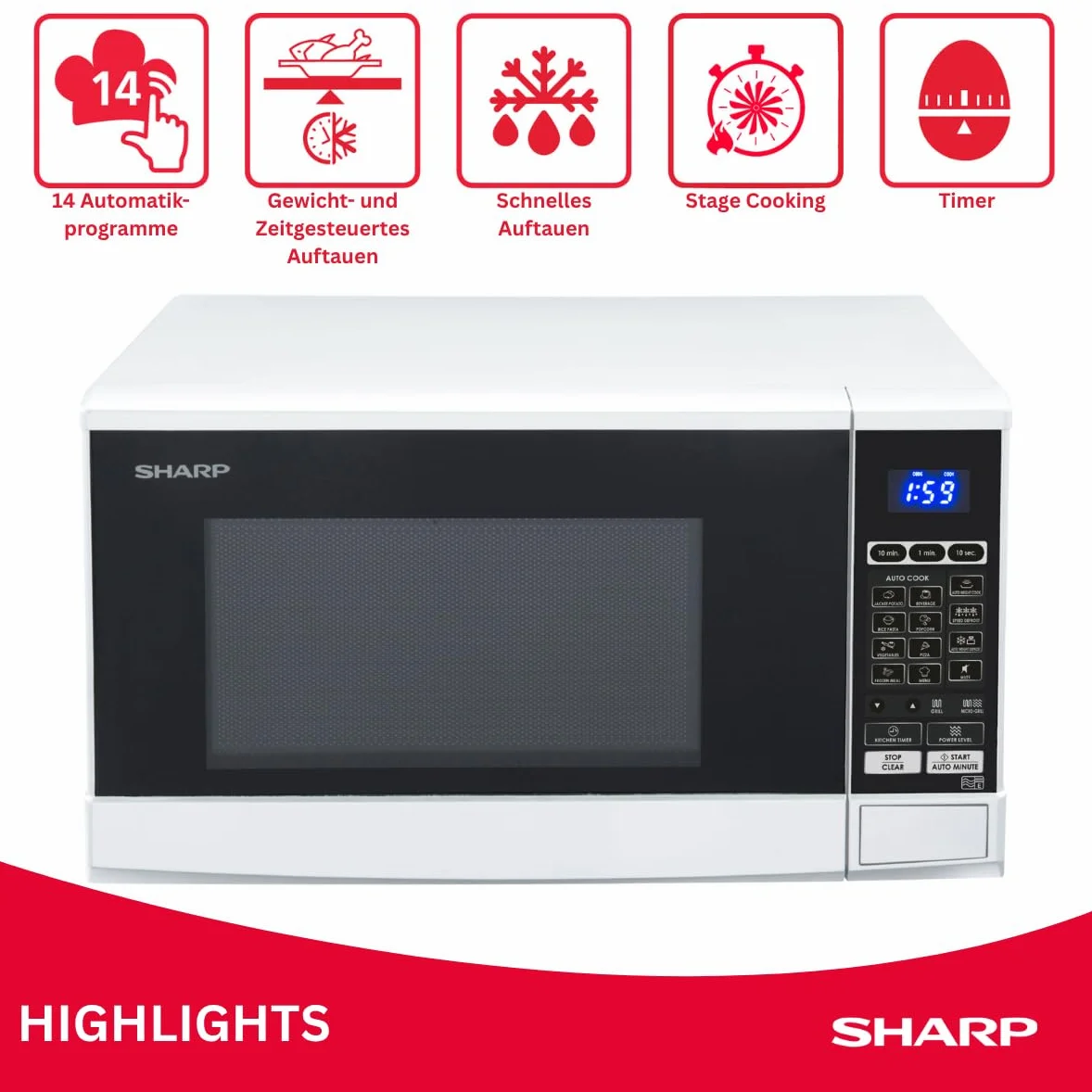 SHARP R670W kuchenka mikrofalowa 2 w 1 z grillem (20 l, 800 W, grill 1000 W, 10 poziomów mocy, 13 automatycznych programów AutoCook, timer) / biała