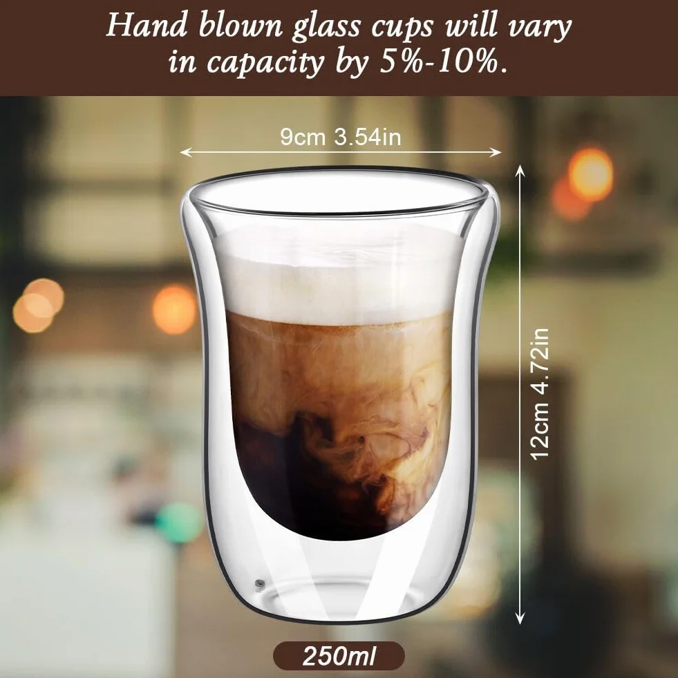 Szklanki termiczne z podwójnymi ściankami,250 ml szklanki do espresso,2 sztuki,szklanki ze szkła borokrzemowego, filiżanki kawy, cappuccino,latte macchiato,herbaty,mleka,piwa,soku