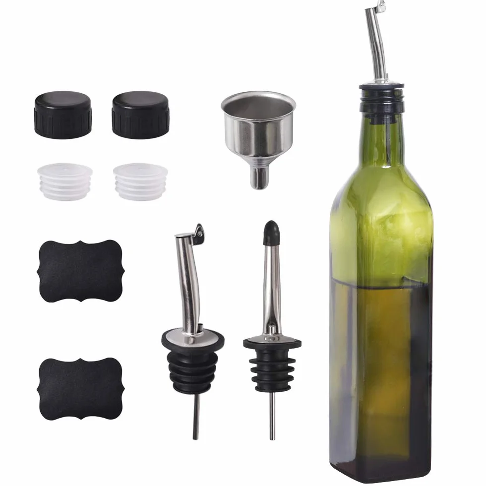 Newk Butelka oliwy z oliwek, 500 ml, szklana, olej, ocet, morska z wylewkami + lejek, olej, karafka, do kuchni – zielona