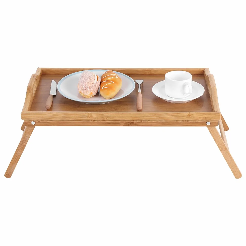 Taca na łóżko z drewna bambusowego, ze składanymi uchwytami i nogami, podwyższona krawędź, taca śniadaniowa Stolik śniadaniowy, 63 x 27,3 x 22,5 cm