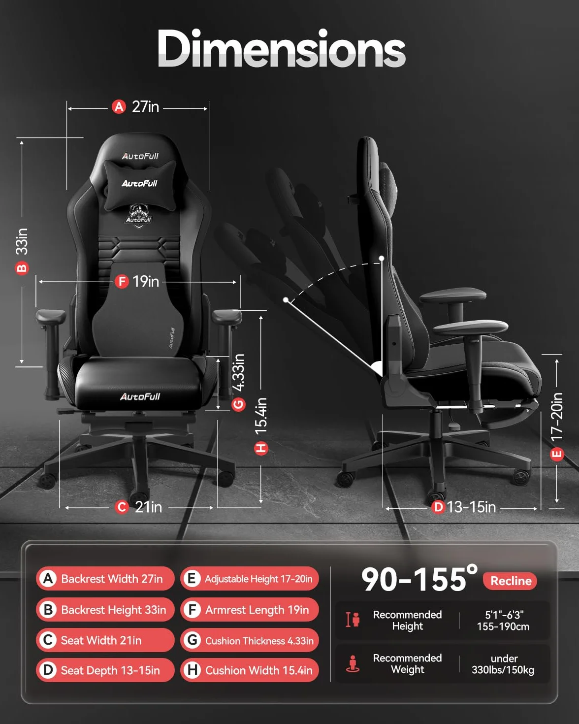 AutoFull C3 Ergonomiczny fotel biurowy z bionicznym podparciem lędźwiowym 3D, styl wyścigowy, wysokiej jakości skóra poliuretanowa, dla graczy, z podnóżkiem i zagłówkiem, czarny
