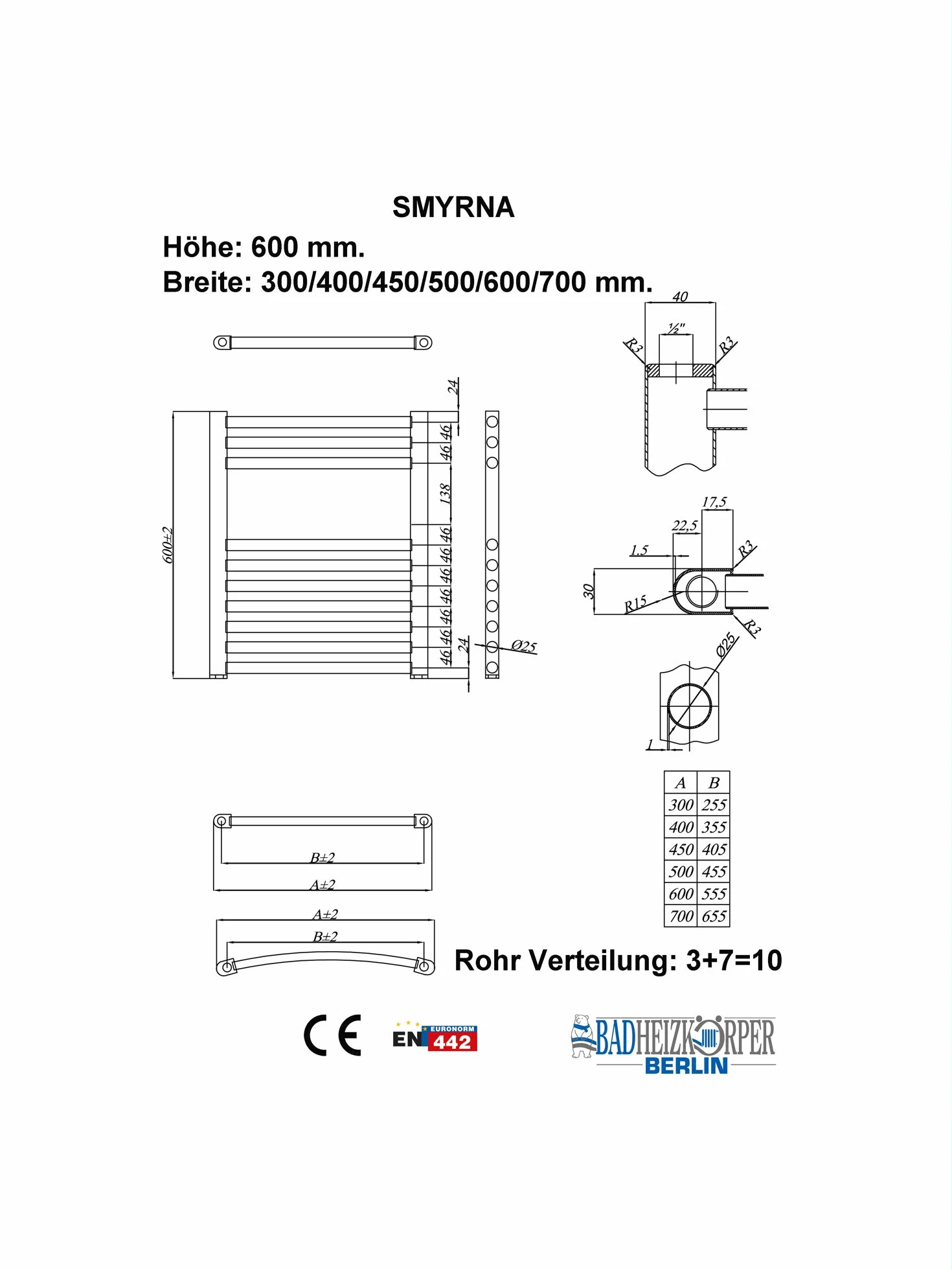 Grzejnik łazienkowy SMYRNA biały 700 x 600 mm. Proste przyłącze standardowe suszarki do ręczników ocieplacz na ręczniki