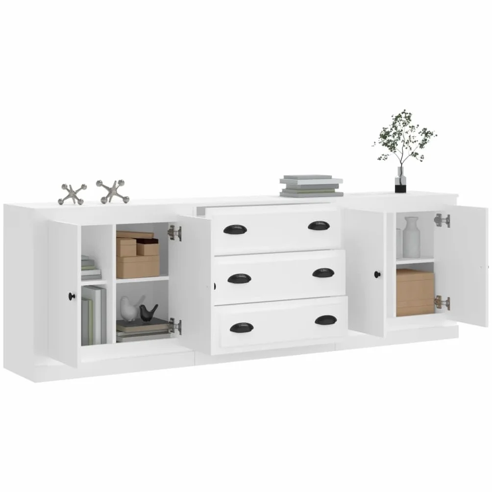 Kredens zestaw 3 sztuk, biały materiał drewnopochodny, szerokość 210 cm, uniwersalna szafka do przechowywania do salonu, kuchni, korytarza, biura, nowoczesne wzornictwo, trwała, łatwa w