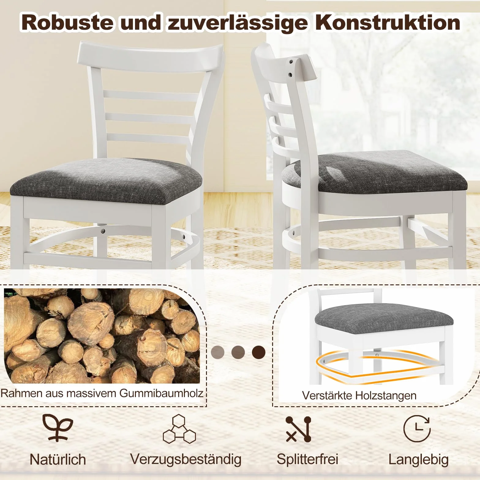 COSTWAY Krzesła do jadalni, zestaw 2 sztuk, krzesło kuchenne drewniane, krzesła do jadalni z wyściełanym siedziskiem, tapicerowane krzesła drewniane, obciążenie do 180 kg, krzesła do jadalni, kuchni