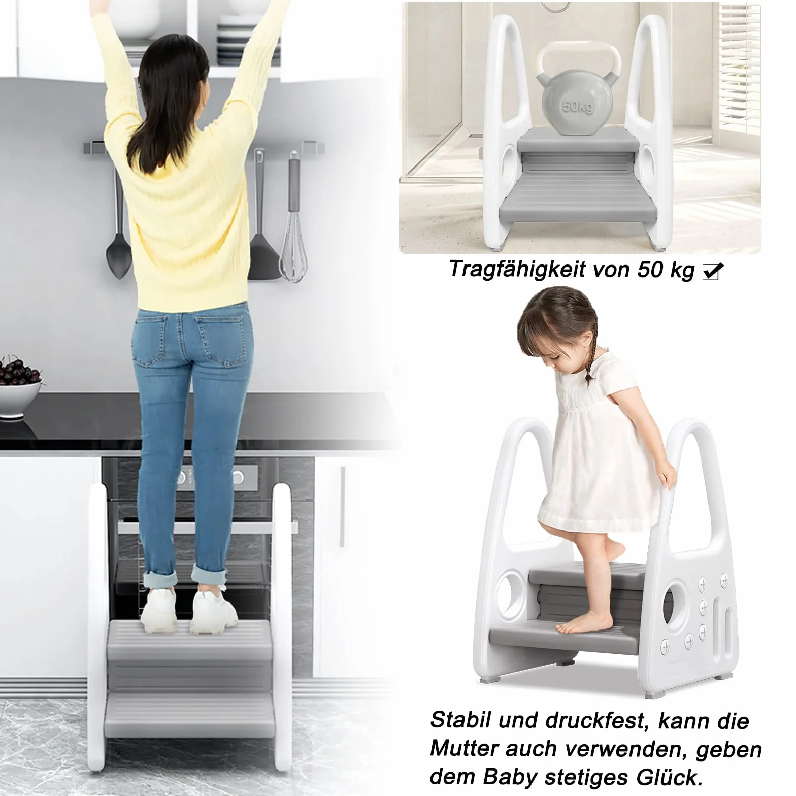 UISEBRT Taboret dla dzieci, 2 poziomy, stołek dziecięcy, dla małych dzieci, wieża do nauki, antypoślizgowa, z tworzywa sztucznego, do łazienki, sypialni, kuchni, pokoju dziecięcego, szary