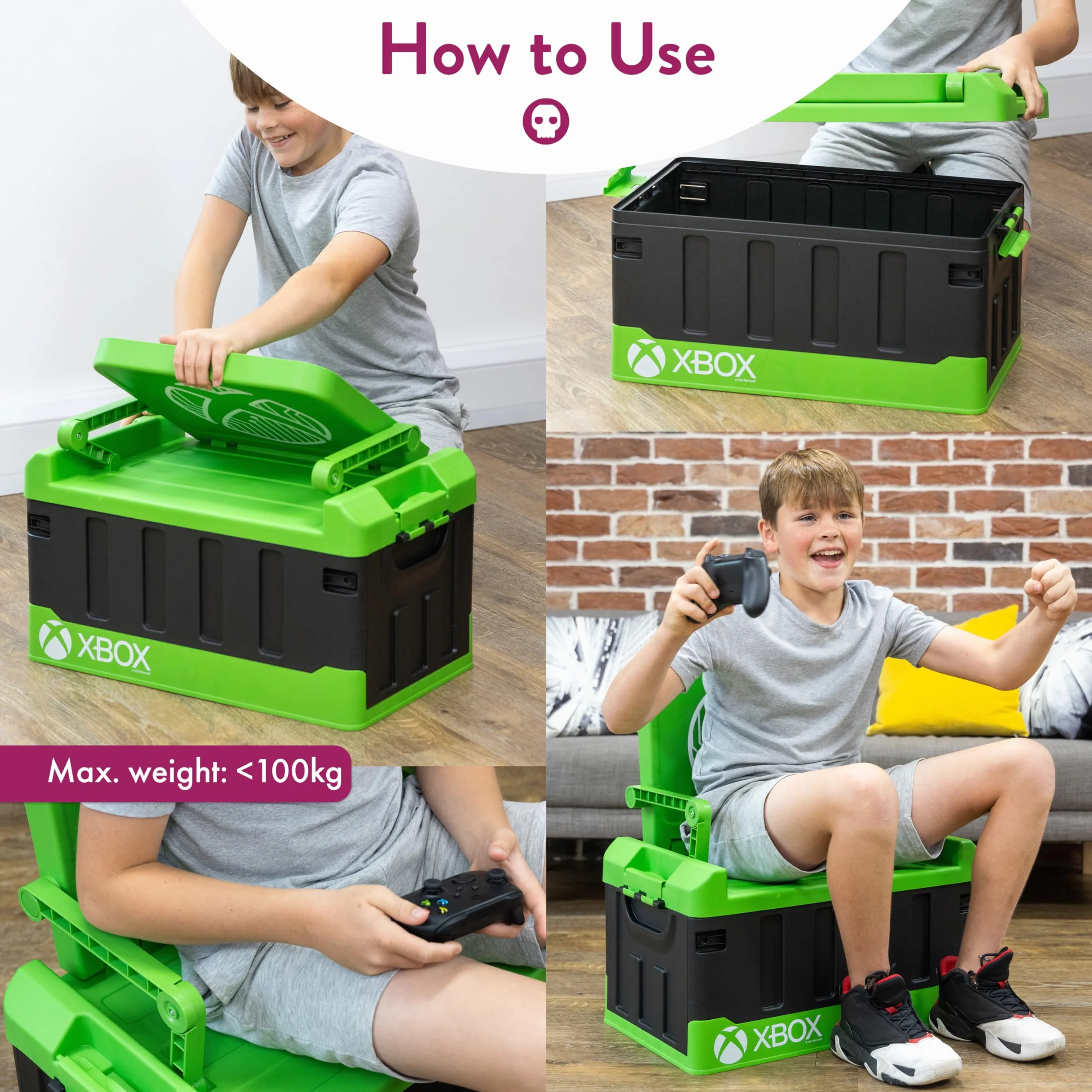 Numskull Xbox Siedzisko z Ukrytym Pojemnikiem na Akcesoria do Gier, Tworzywo Sztuczne, Zielony/Czarny, 58 cm x 35,5 cm x 63,5 cm