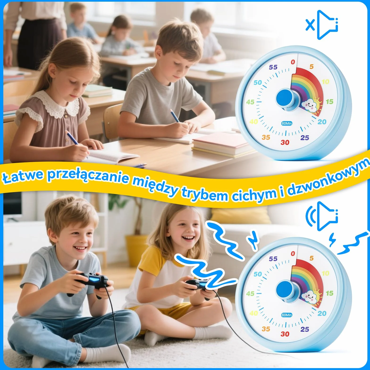 Wizualny timer dla dzieci i dorosłych, Rainbow Disk 60 Minute Countdown z trybami cichym i głośnym, narzędzie do zarządzania czasem (niebieski)