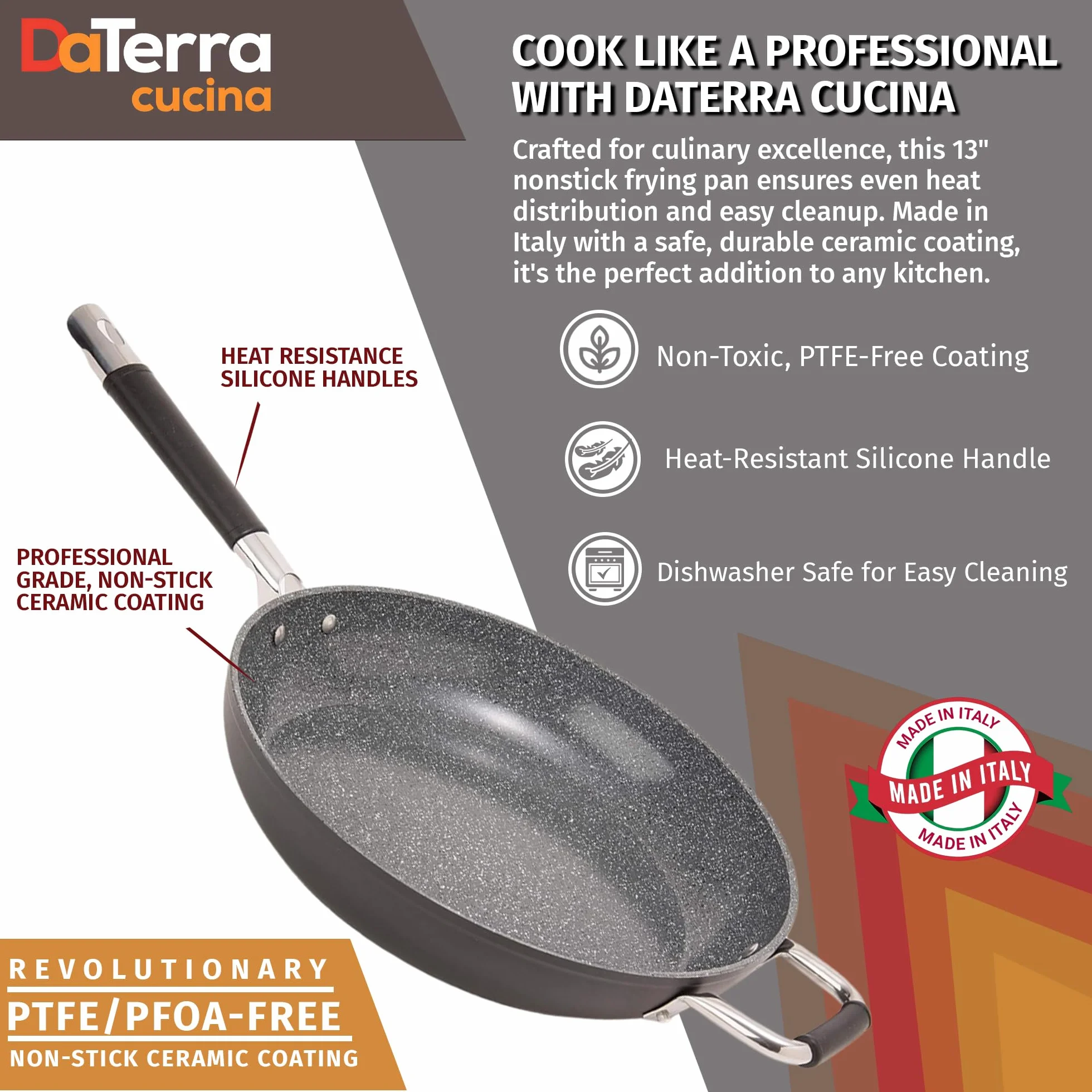 DaTerra Cucina 33 cm nieprzywierająca ceramiczna patelnia - wyprodukowana we Włoszech - nadaje się do piekarnika - odporne na wysokie temperatury naczynia nieprzywierające - wolne od PTFE, kadmu