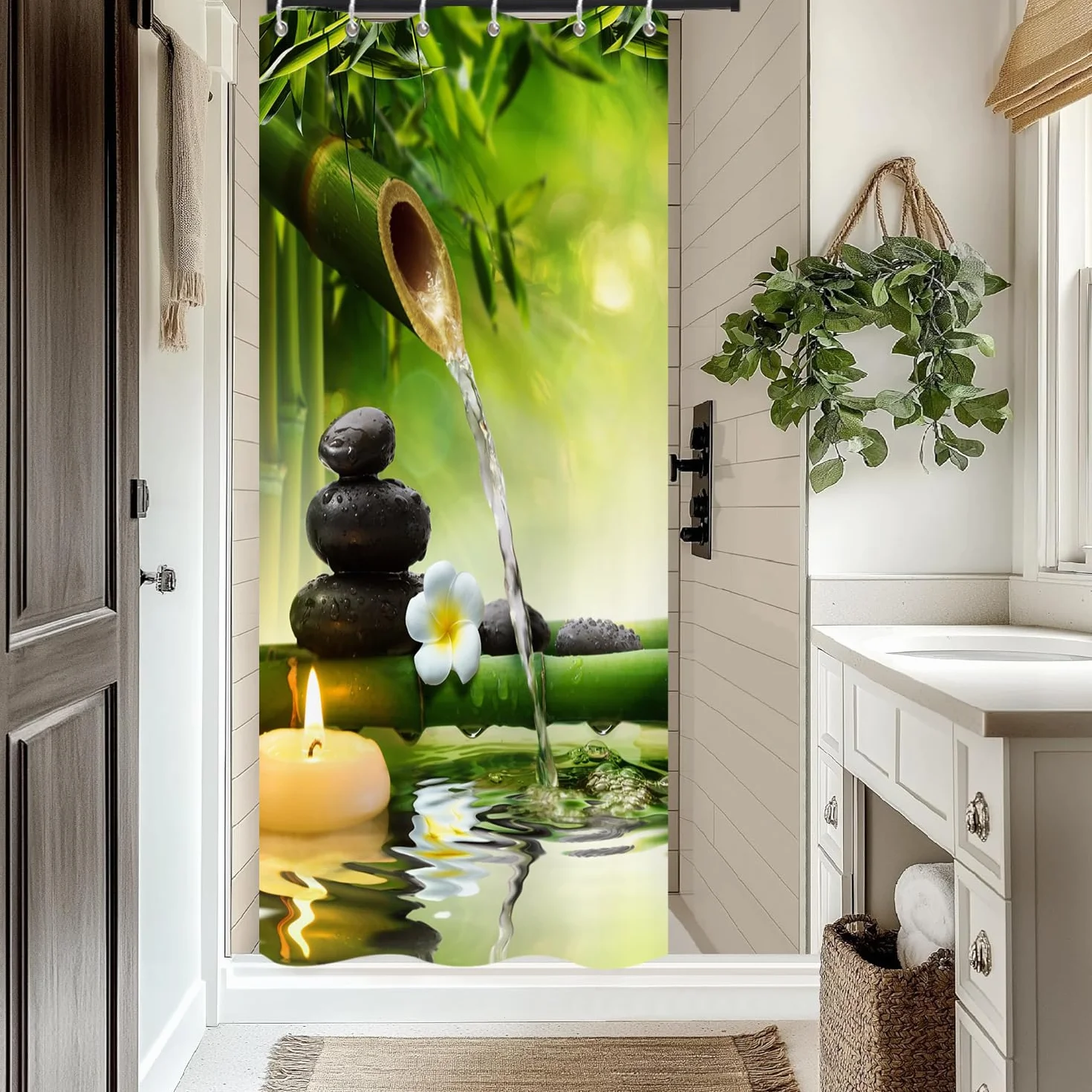 Zasłona prysznicowa, 120 x 200 cm, kamienie bazaltowe Zen SPA, świece, bambus, medytacja, wodoszczelny materiał, nadaje się do prania w pralce, zasłona łazienkowa z haczykami